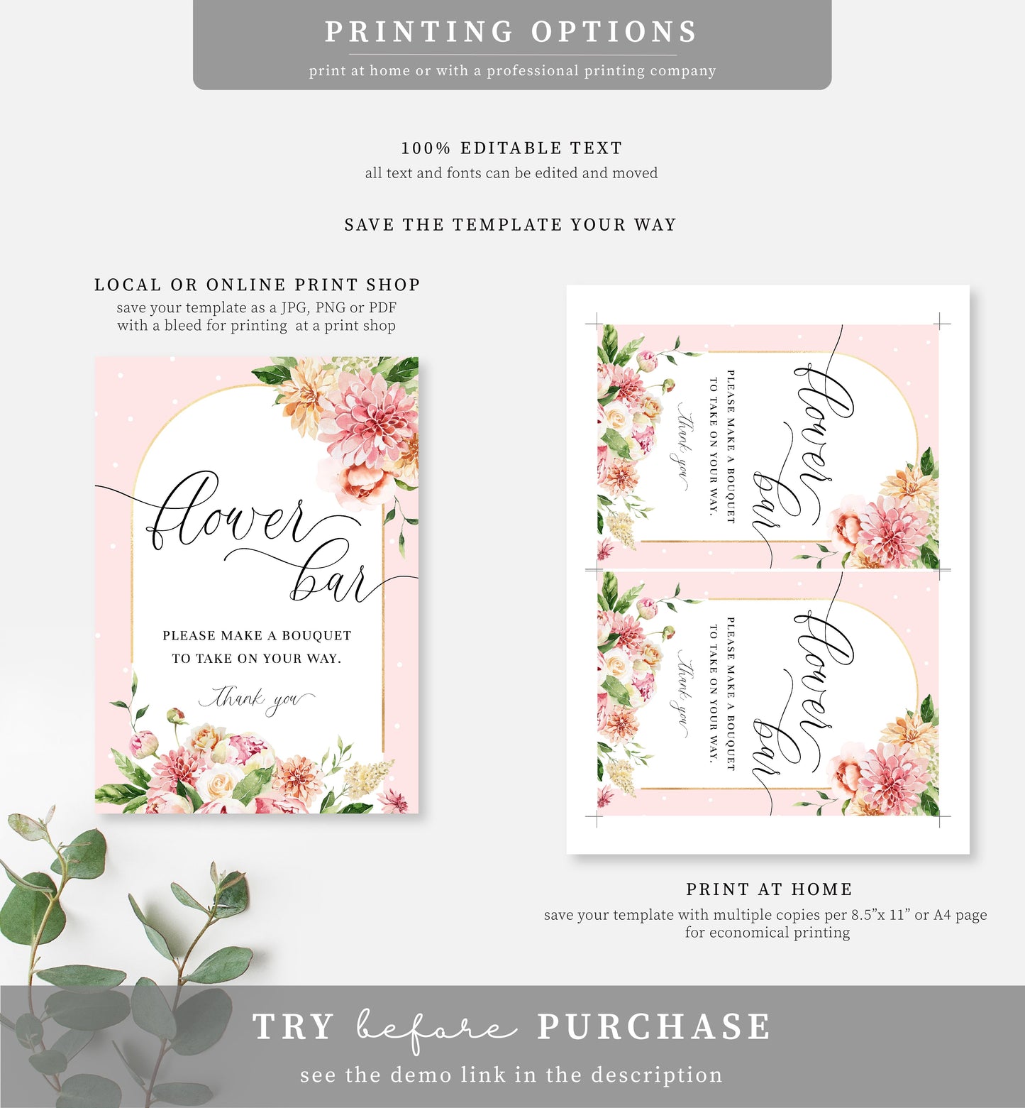 Quinn Floral Pink | Printable Flower Bar Sign