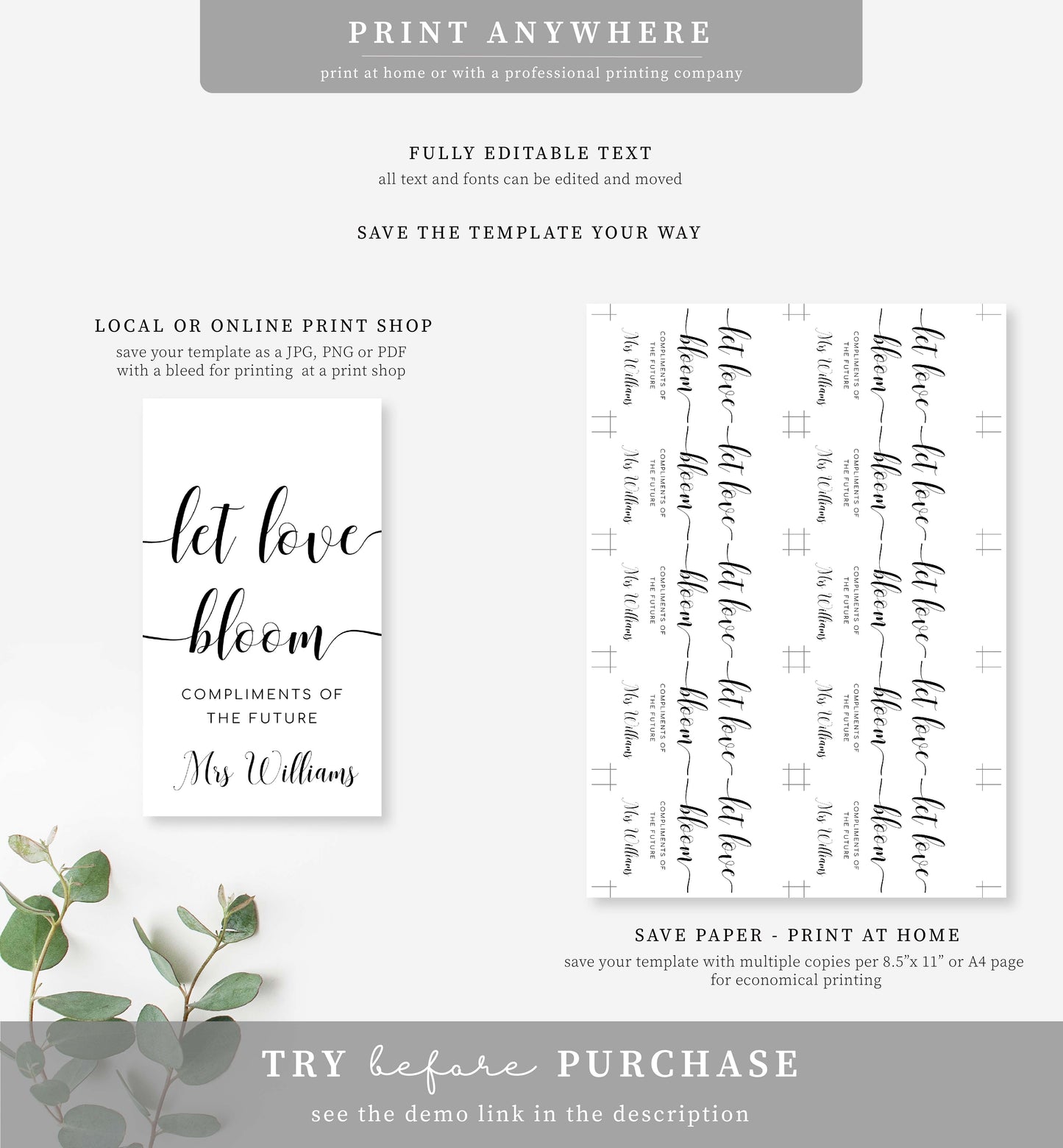 Layton Script White | Printable Let Love Bloom Favour Tags Template