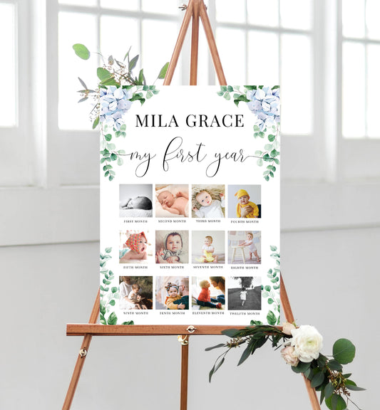 Ferras Blossom Blue | Printable My First Year Photo Timeline Sign Template