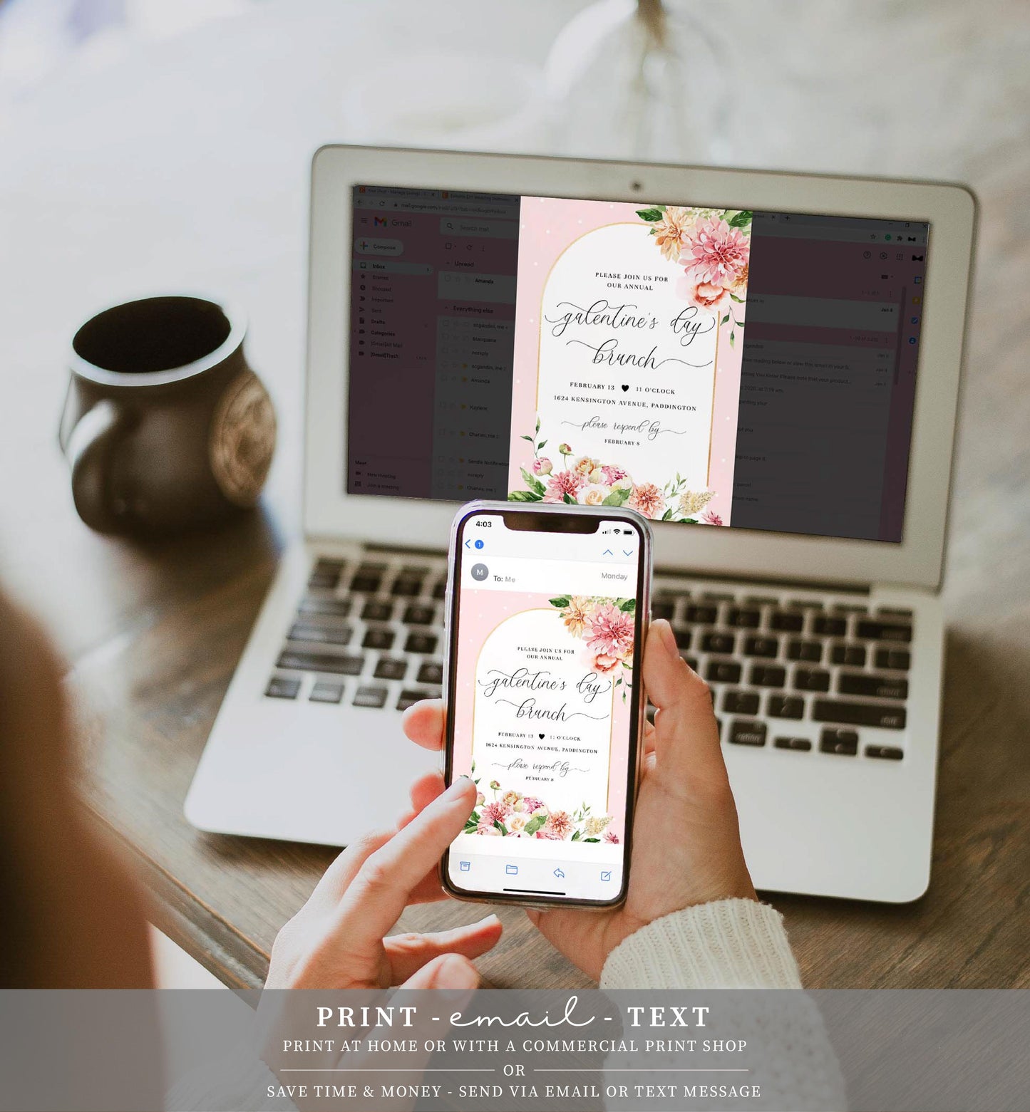 Quinn Floral Pink | Printable Galentine's Brunch Invitation Template