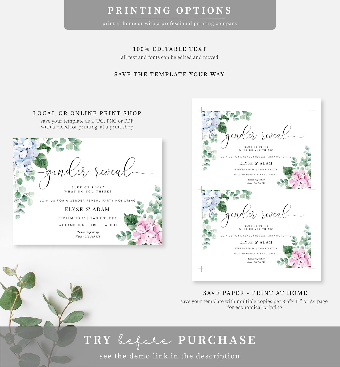 Ferras Blossom Pink Blue | Printable Gender Reveal Invitation Template