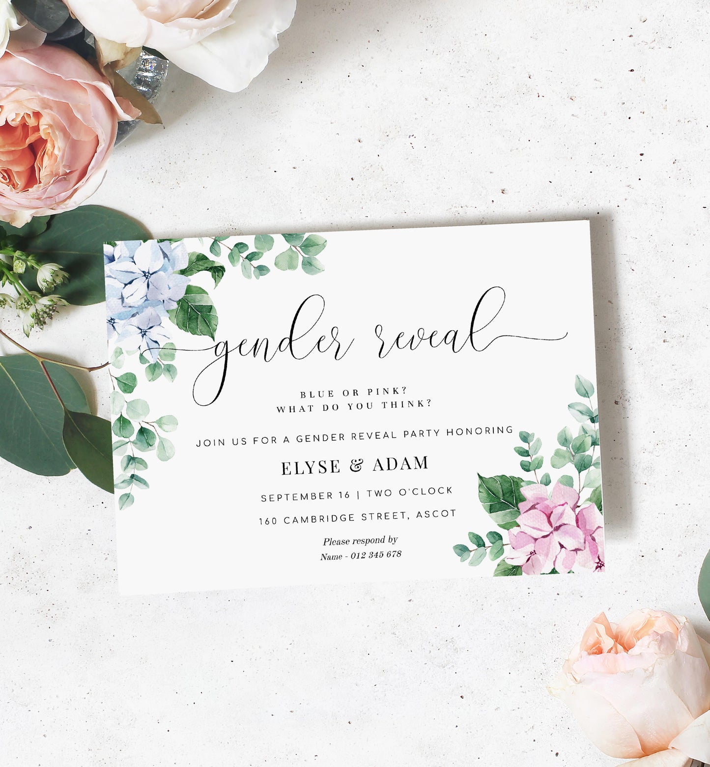 Ferras Blossom Pink Blue | Printable Gender Reveal Invitation Template