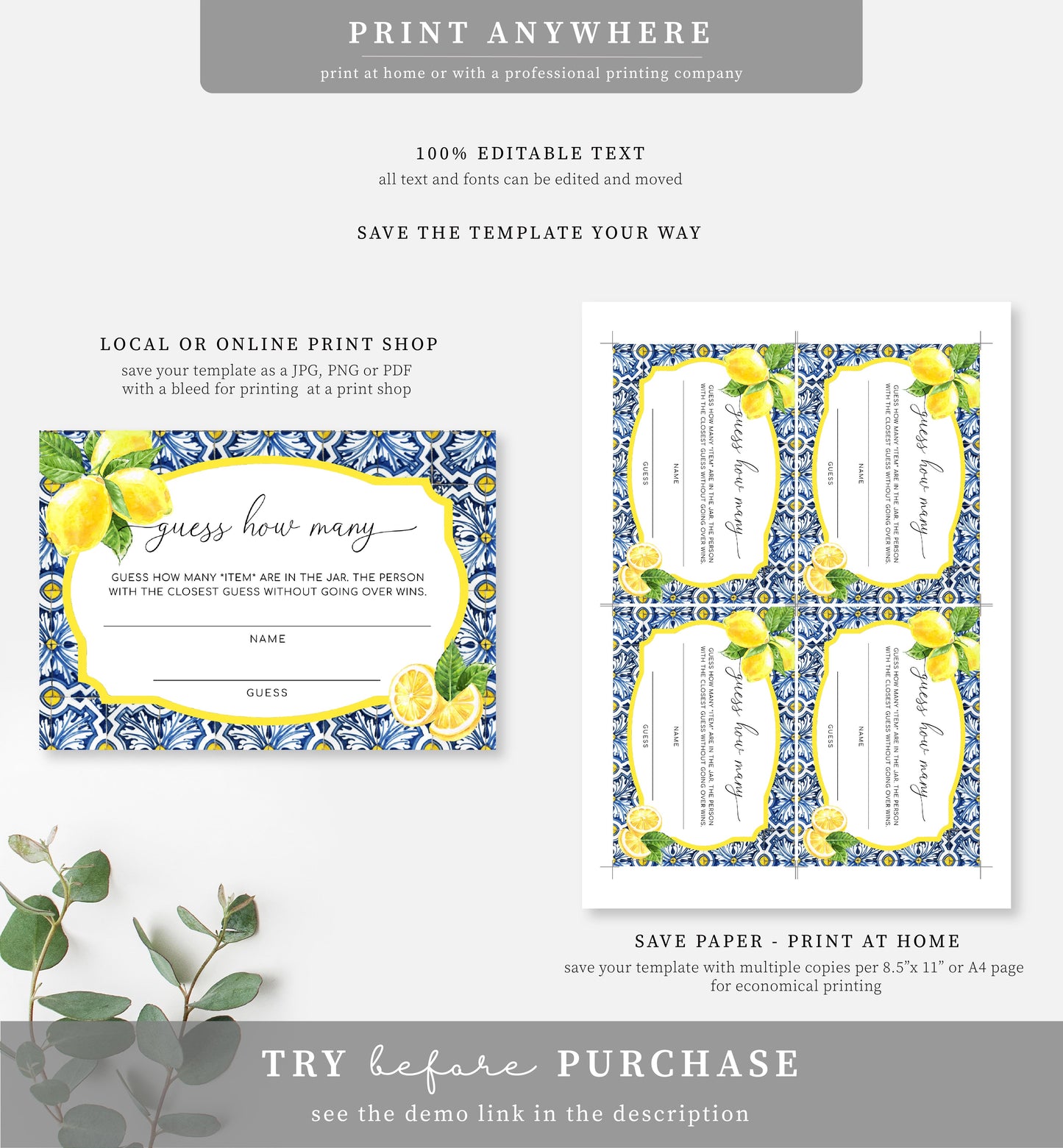 Positano Lemons | Printable Guess How Many Game Sign & Card Template