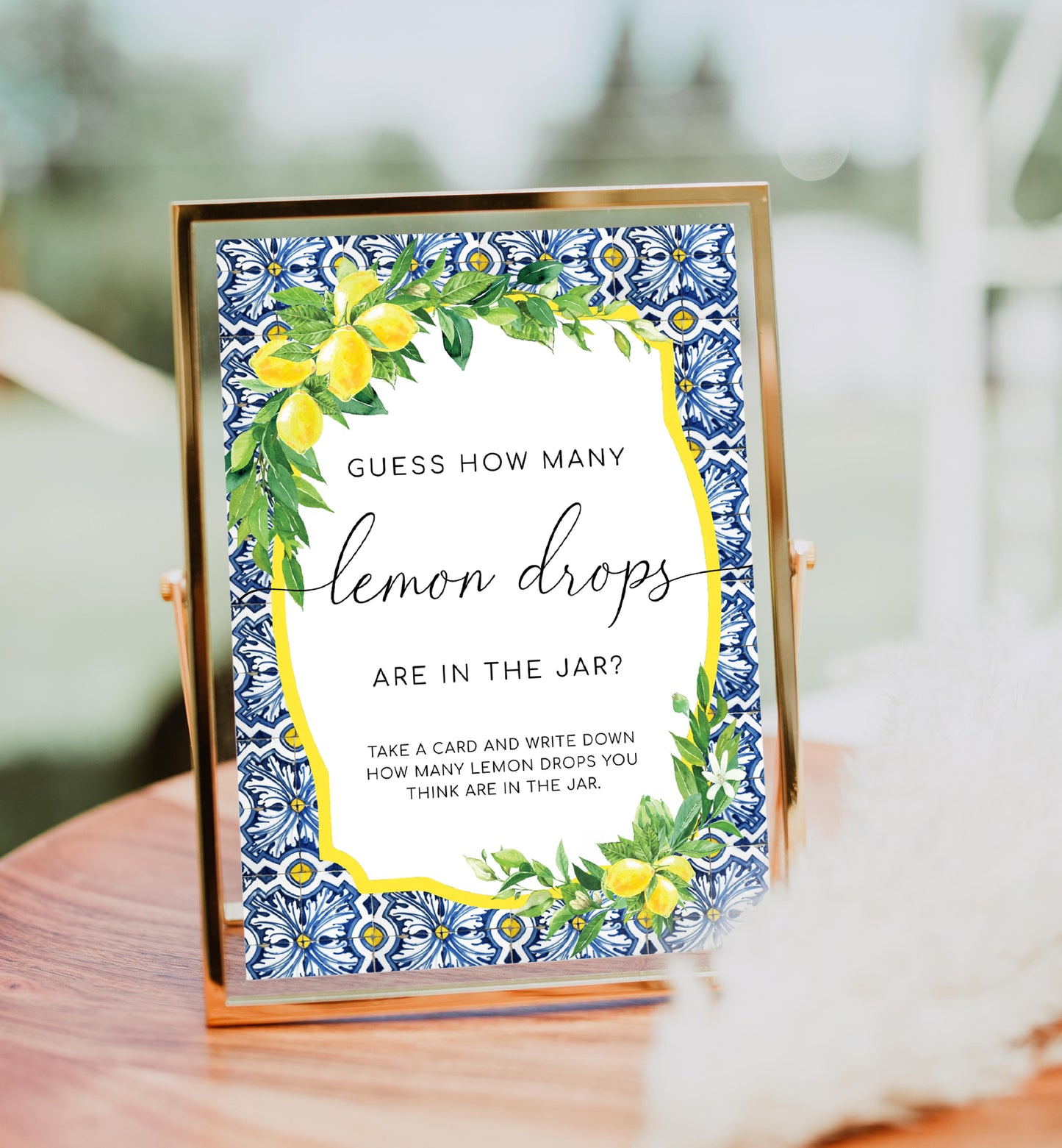 Guess How Many Lemon Drops Game Card and Sign Bundle, Positano Blue Tile Lemons Printable Guess How Many In The Jar Game Sign