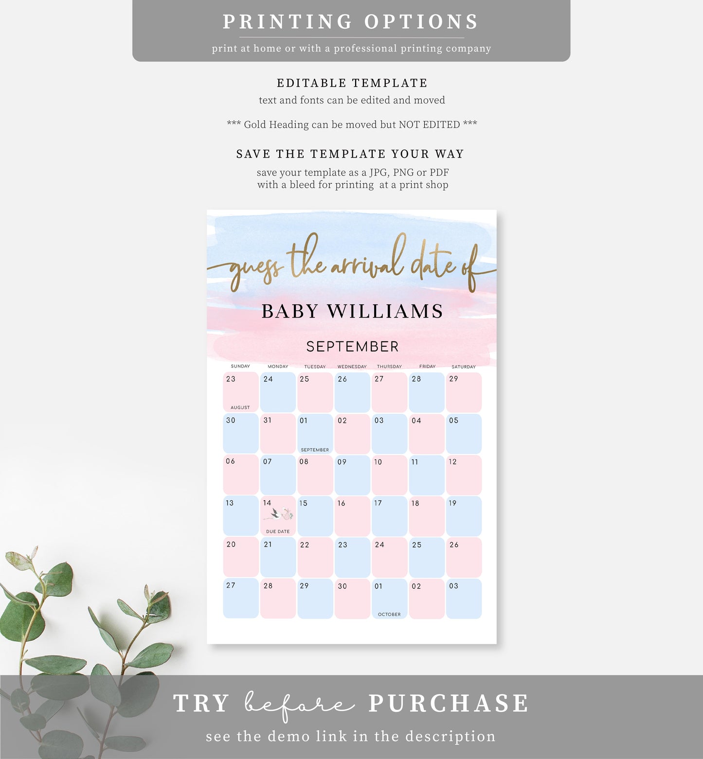 Watercolour Pink Blue | Printable Arrival Date Baby Shower Game Sign Template
