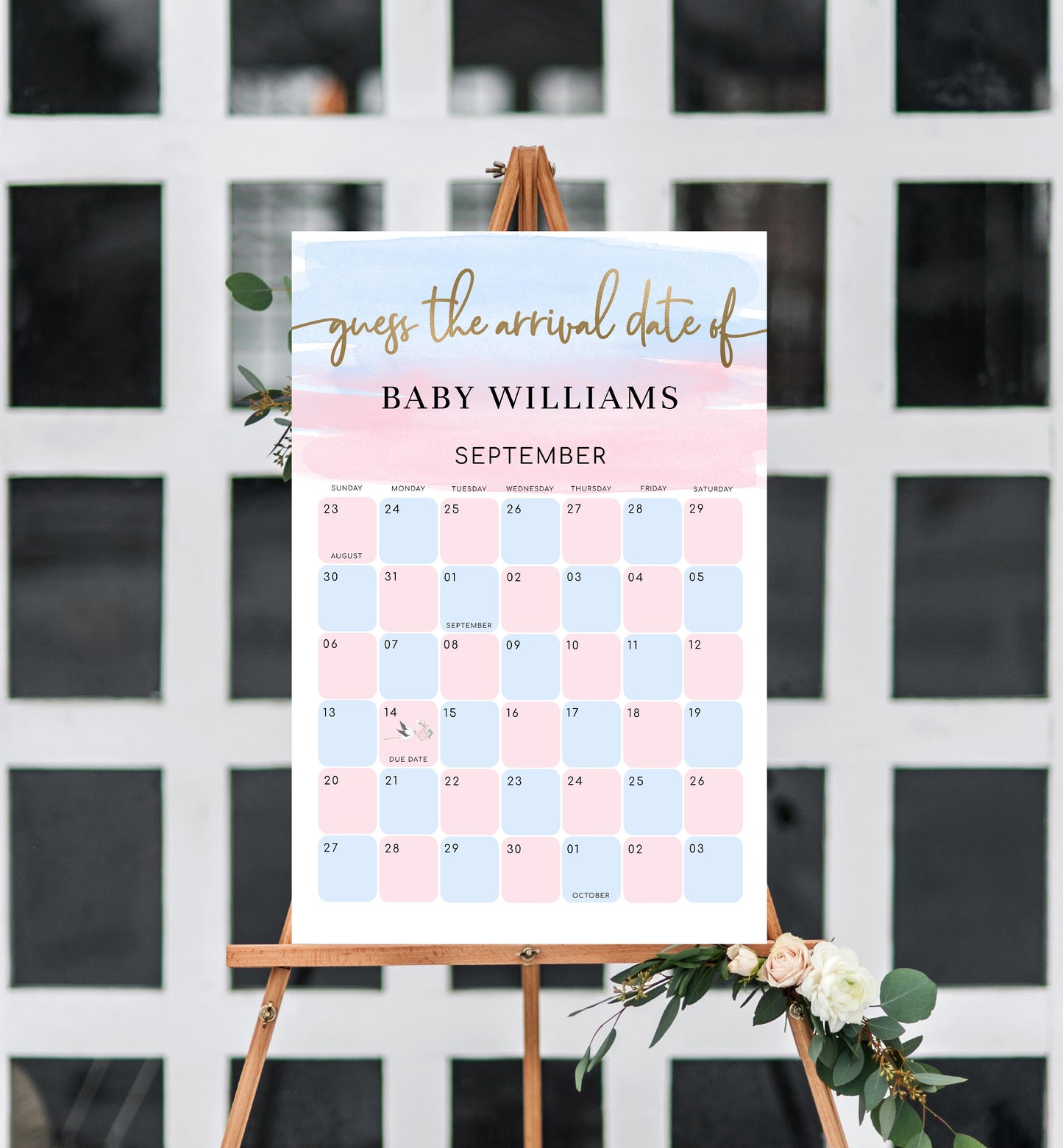 Watercolour Pink Blue | Printable Arrival Date Baby Shower Game Sign Template