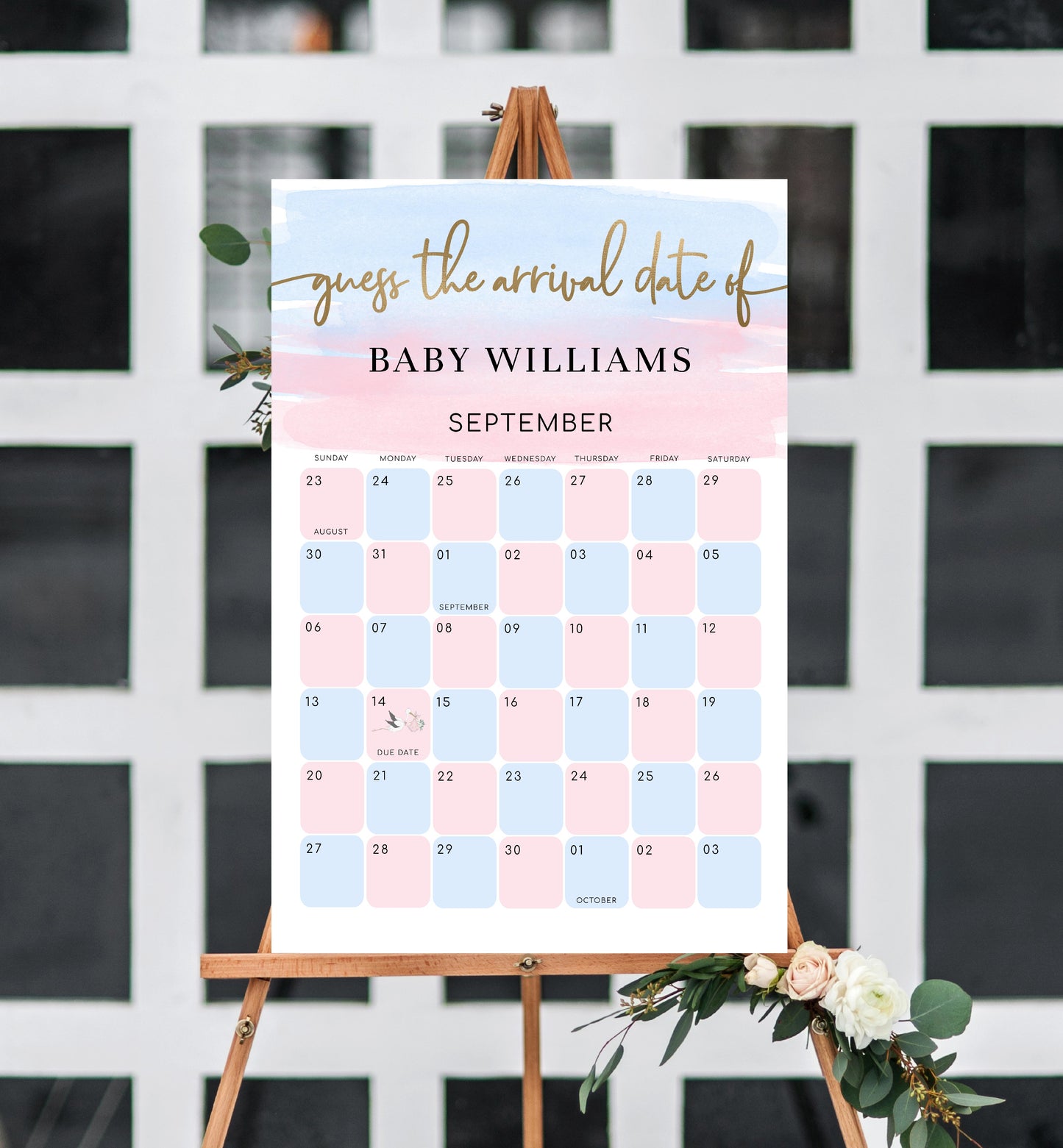 Watercolour Pink Blue | Printable Arrival Date Baby Shower Game Sign Template