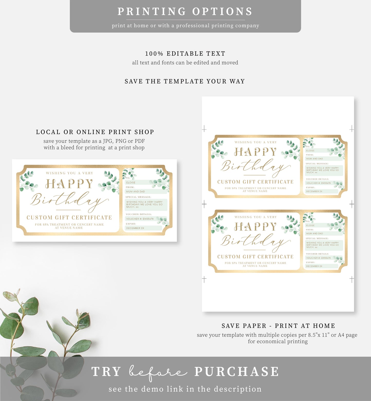 Ferras Blossom Greenery | Printable Birthday Custom Gift Voucher Template