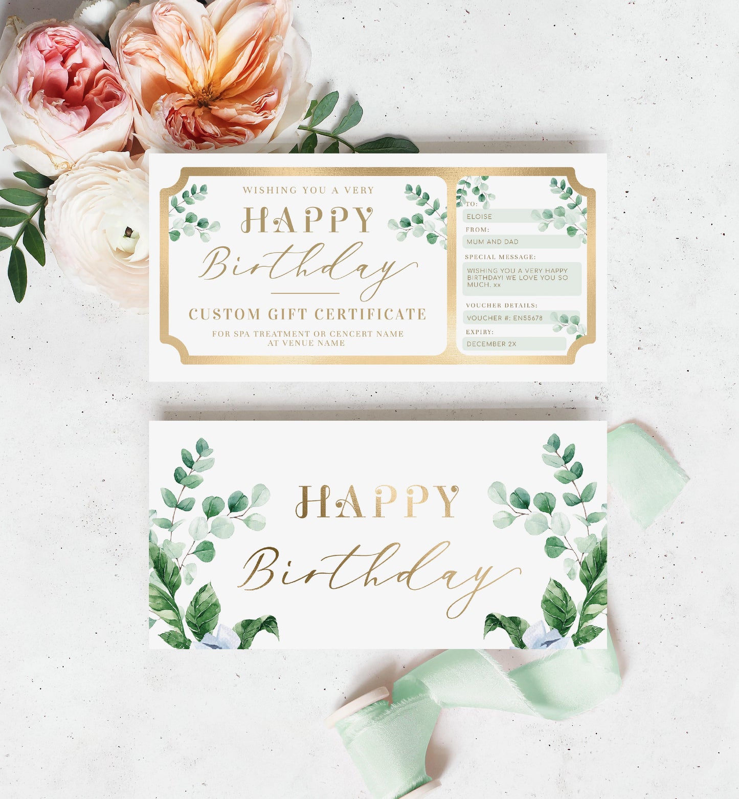 Ferras Blossom Greenery | Printable Birthday Custom Gift Voucher Template
