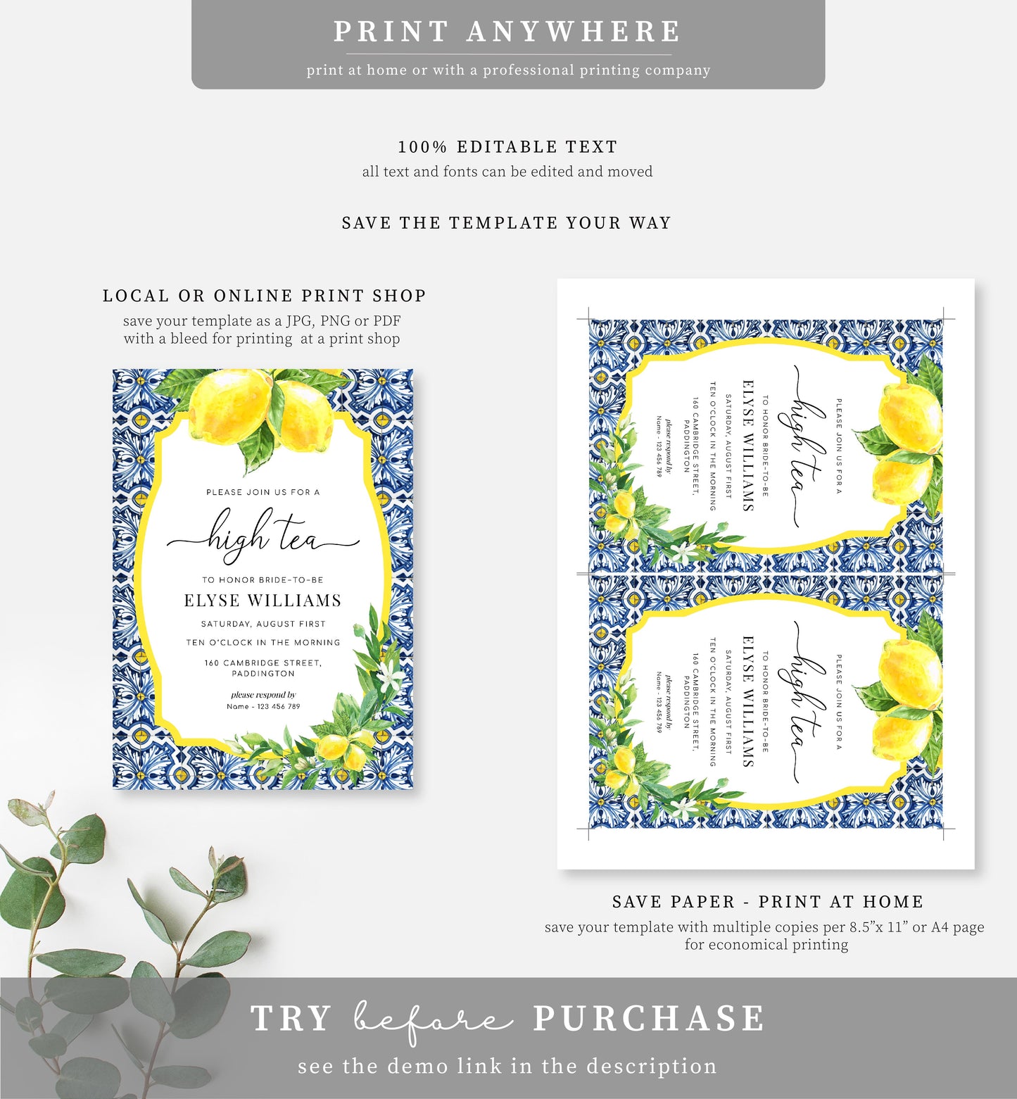 Positano Lemons | Printable High Tea Invitation Template