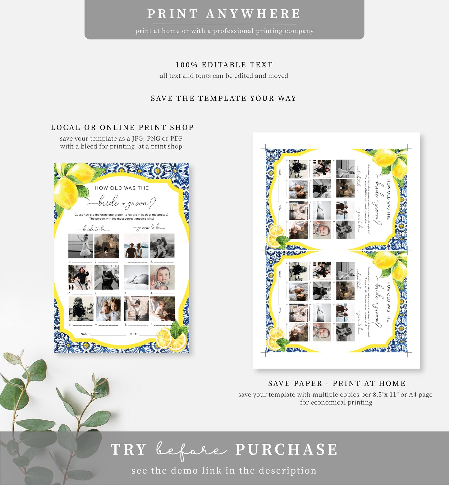 Positano Lemons | Printable How Old Were The Bride and Groom Photo Game Template