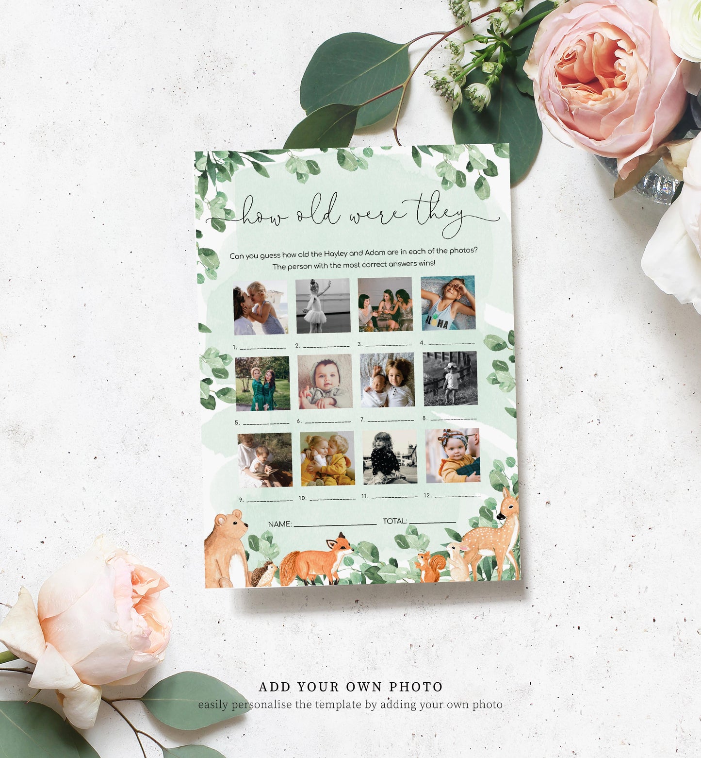 Woodland Animals Green | Printable How Old Were They Baby Photo Shower Game