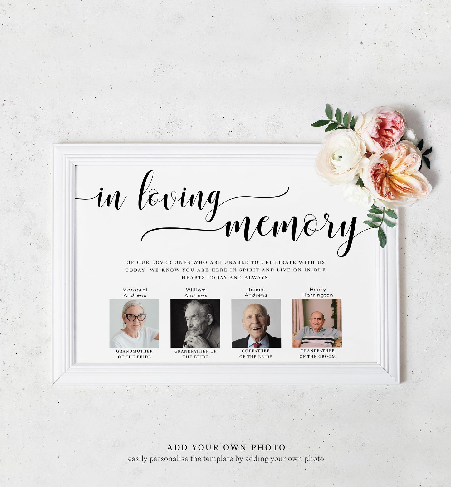 Printable Custom Photo In Loving Memory Sign, Modern Minimal Wedding Memorial Sign Template, Editable Photo Remembrance Sign, Leyton Script