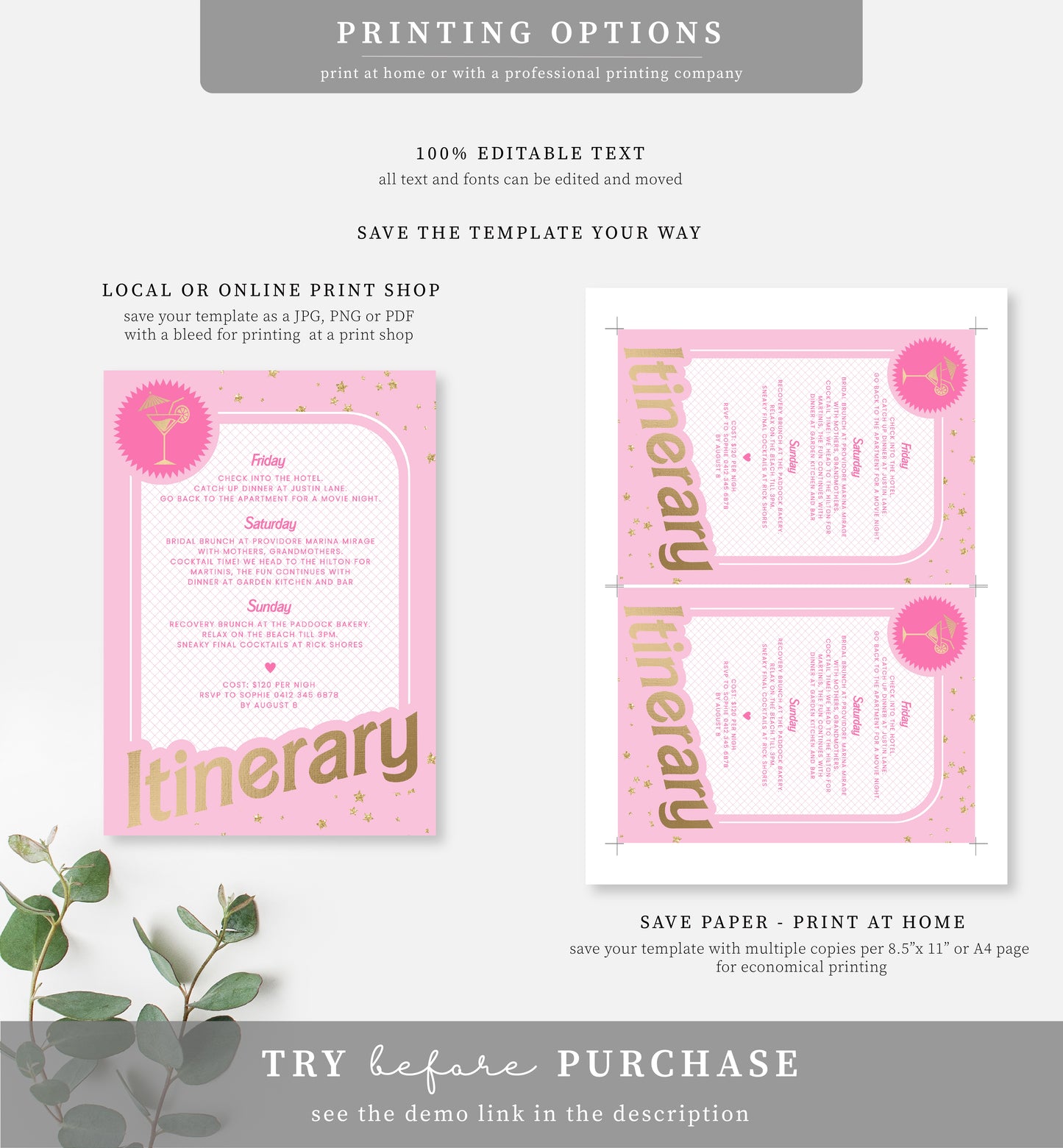 Barbie Party Pink Gold | Printable Itinerary Template