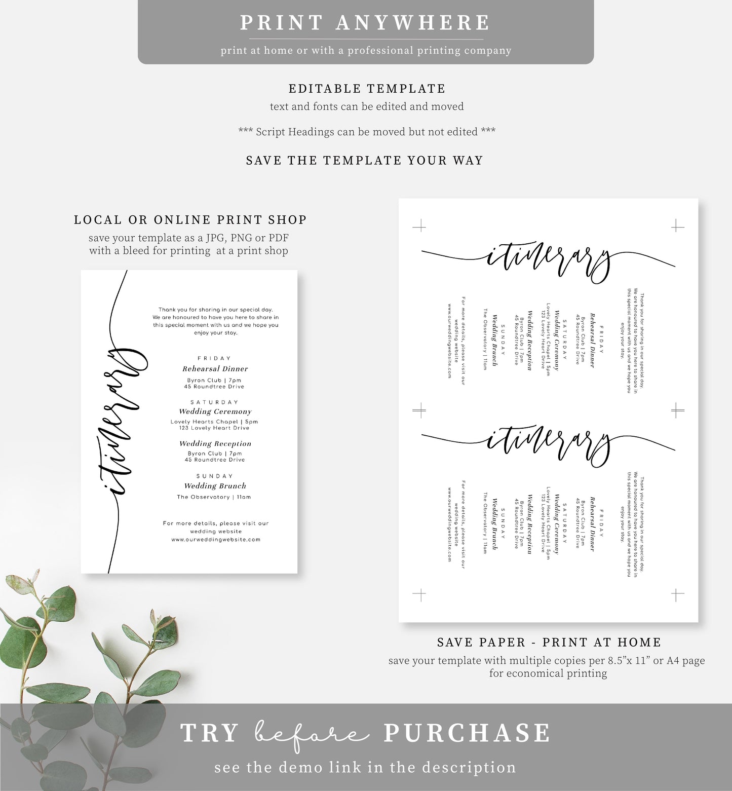 Lucas Script White | Printable Itinerary & Welcome Card Template