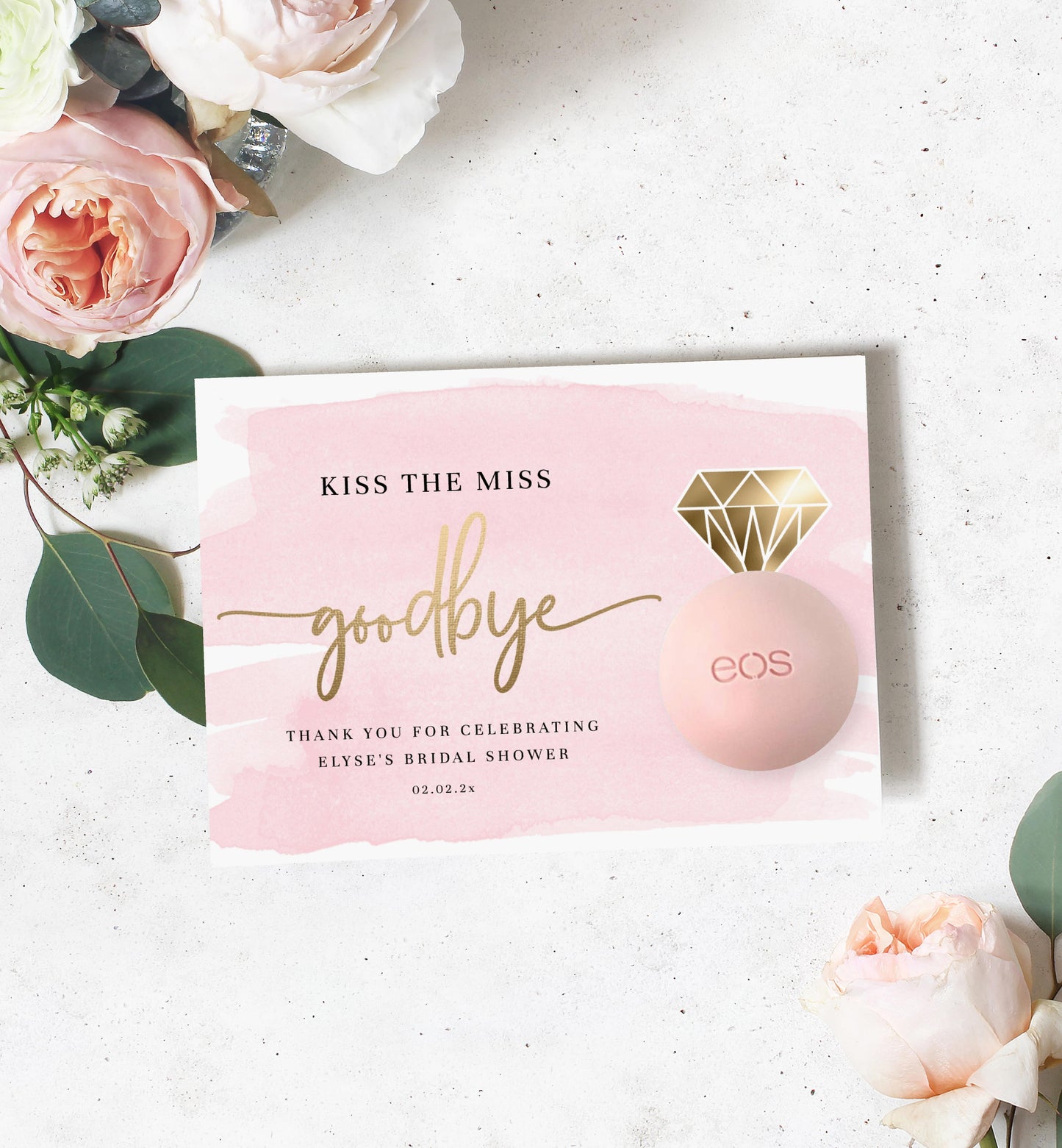 Watercolour Pink | Printable Kiss The Miss Lip Balm Card Template