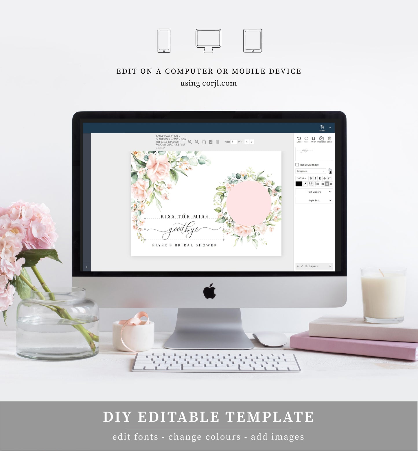 Pemberley Floral Pink | Printable Kiss The Miss Favour Card - Black Bow Studio