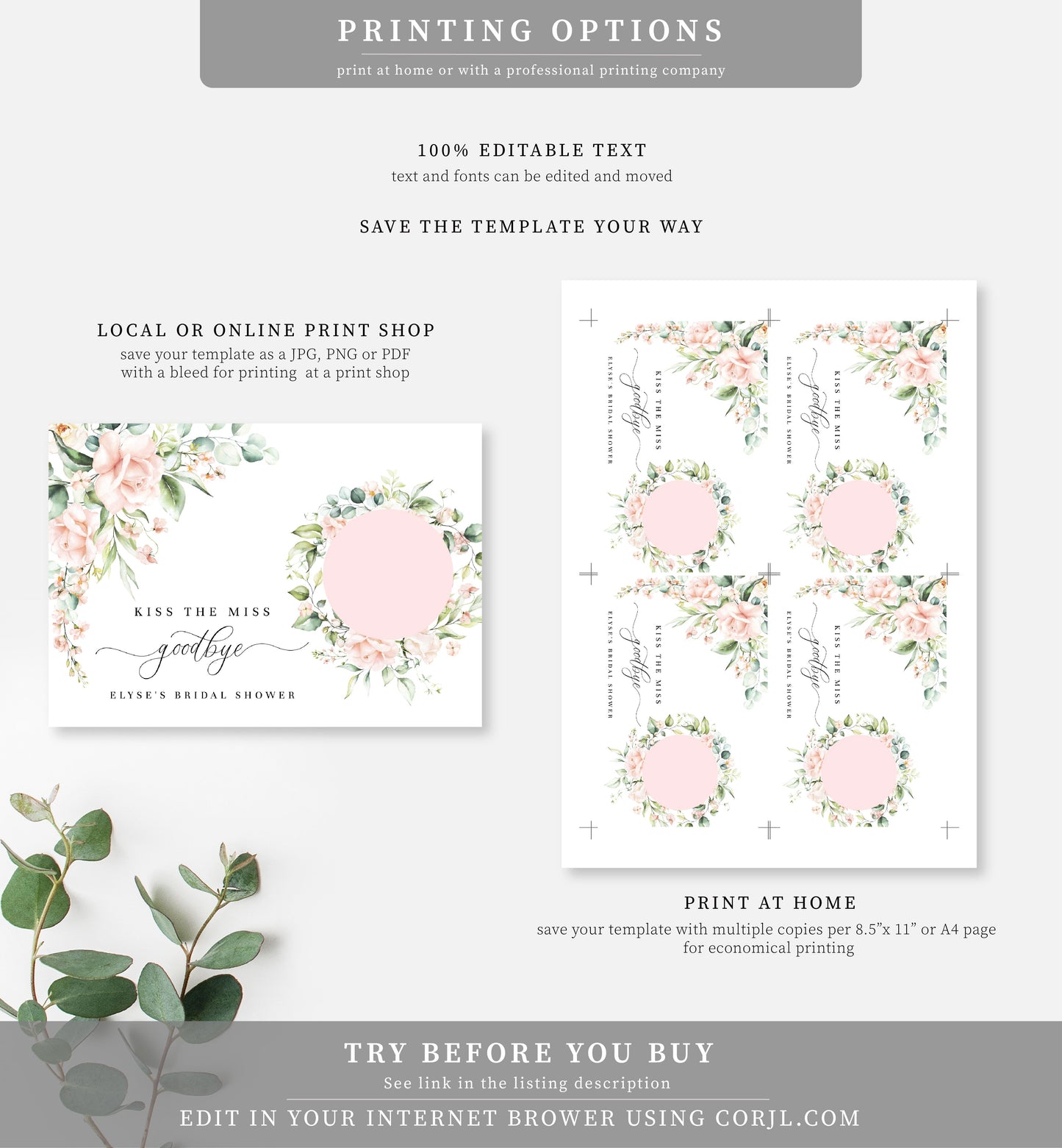 Pemberley Floral Pink | Printable Kiss The Miss Favour Card - Black Bow Studio