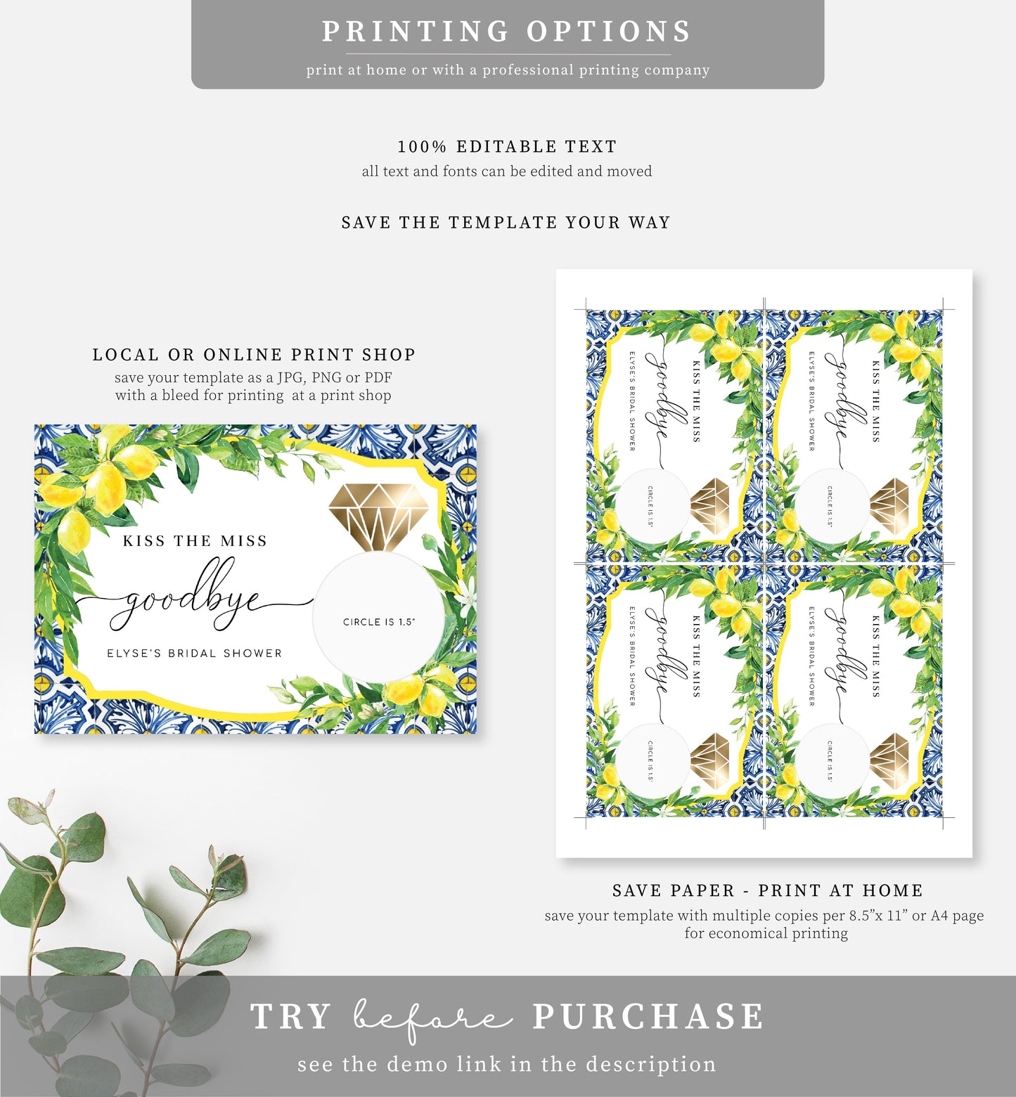 Positano Lemons | Printable Kiss The Miss Favour Card Template