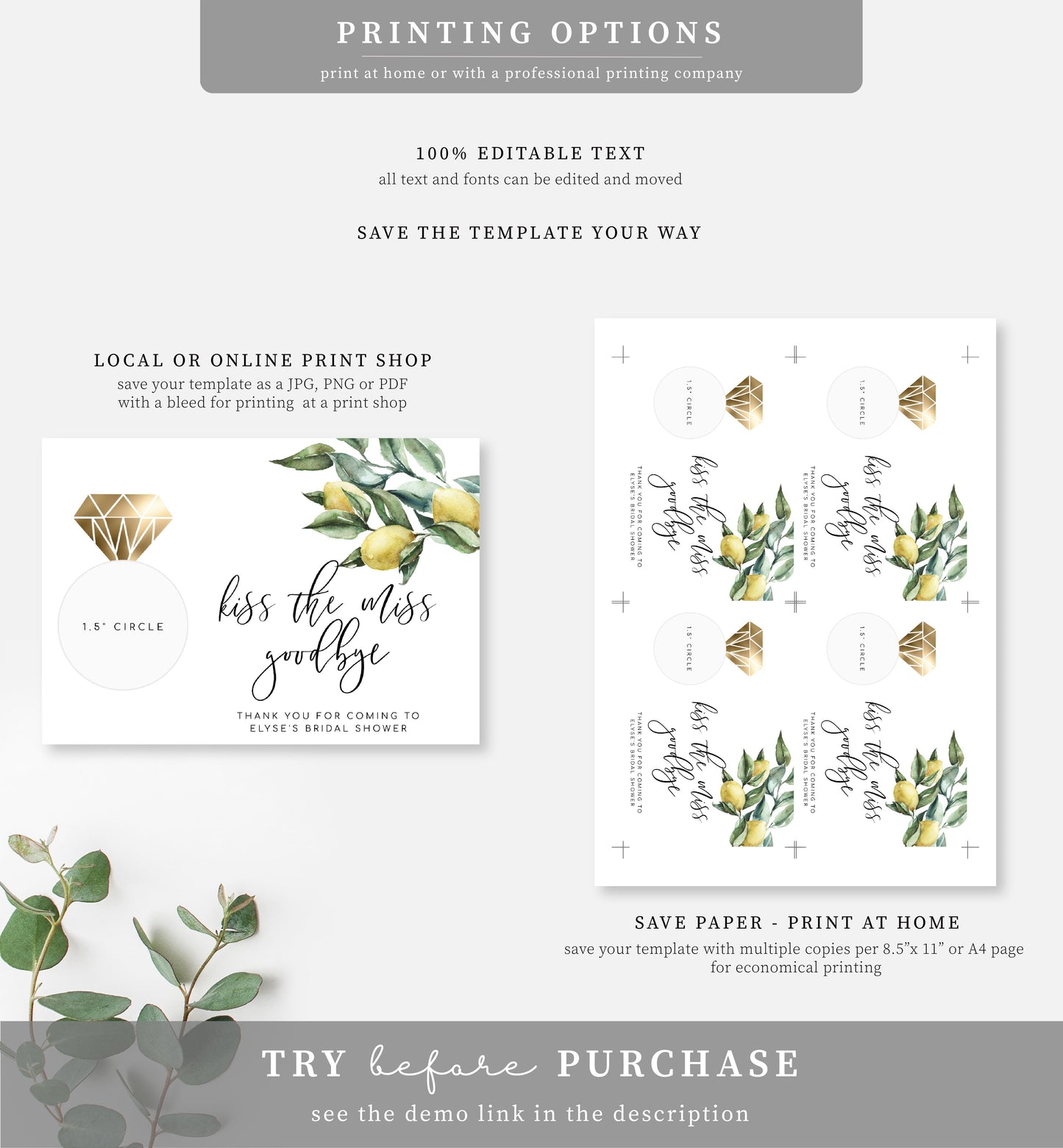 Tuscan Lemons | Printable Kiss The Miss Favour Card