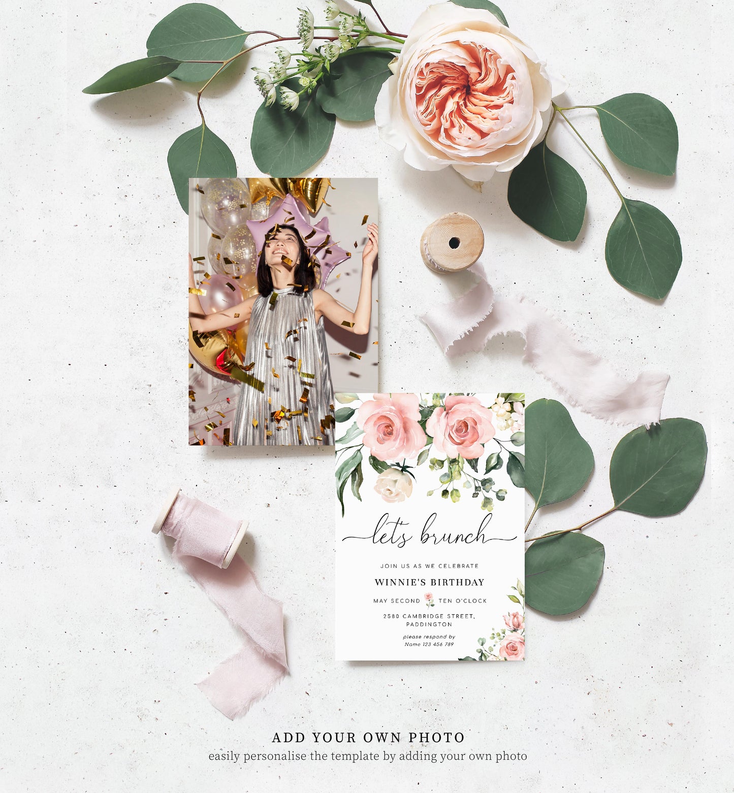 Darcy Floral Pink | Printable Let's Brunch Invitation Template