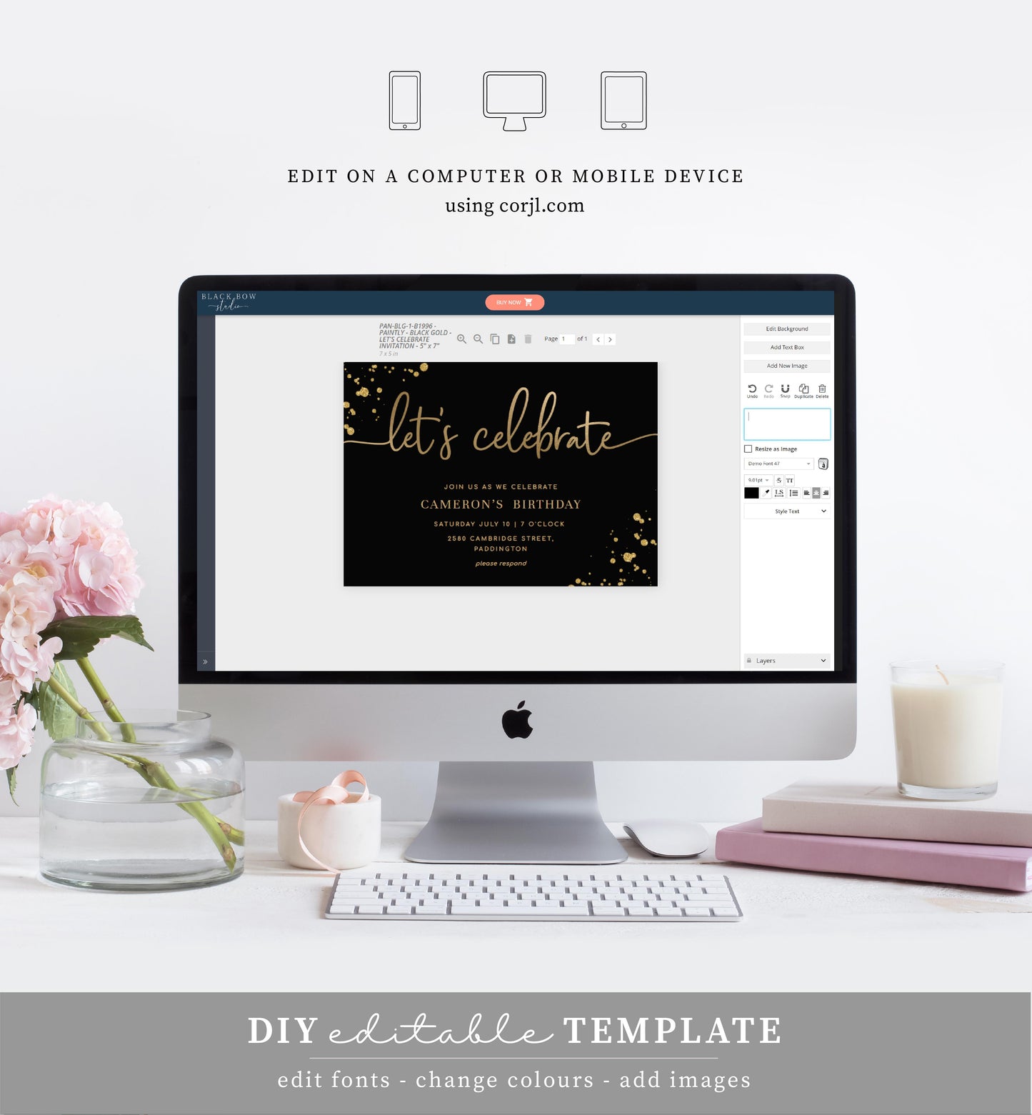 Paintly Black Gold | Printable Let's Celebrate Birthday Invitation