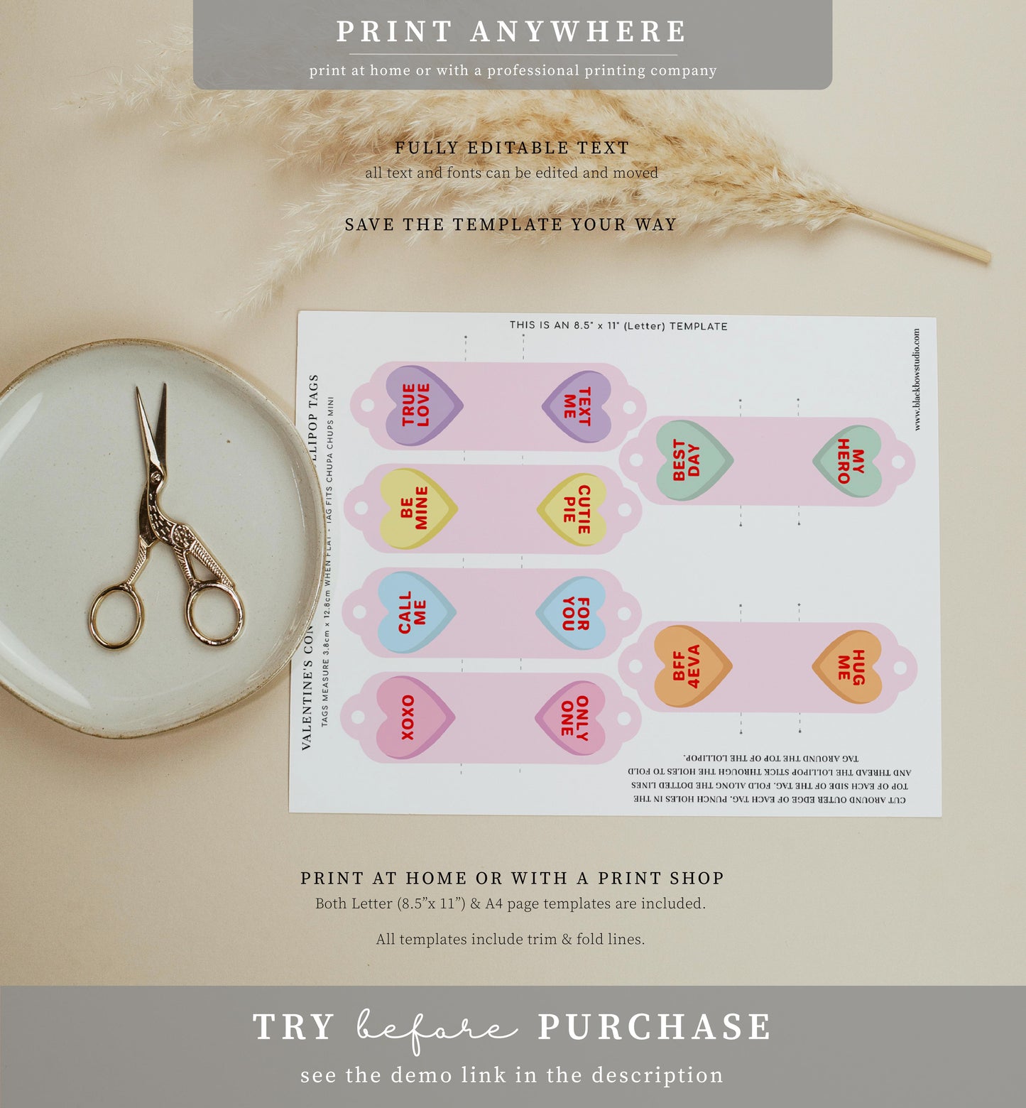 Convo Hearts Pink | Printable Sweetheart Valentine Lollipop Tag Template