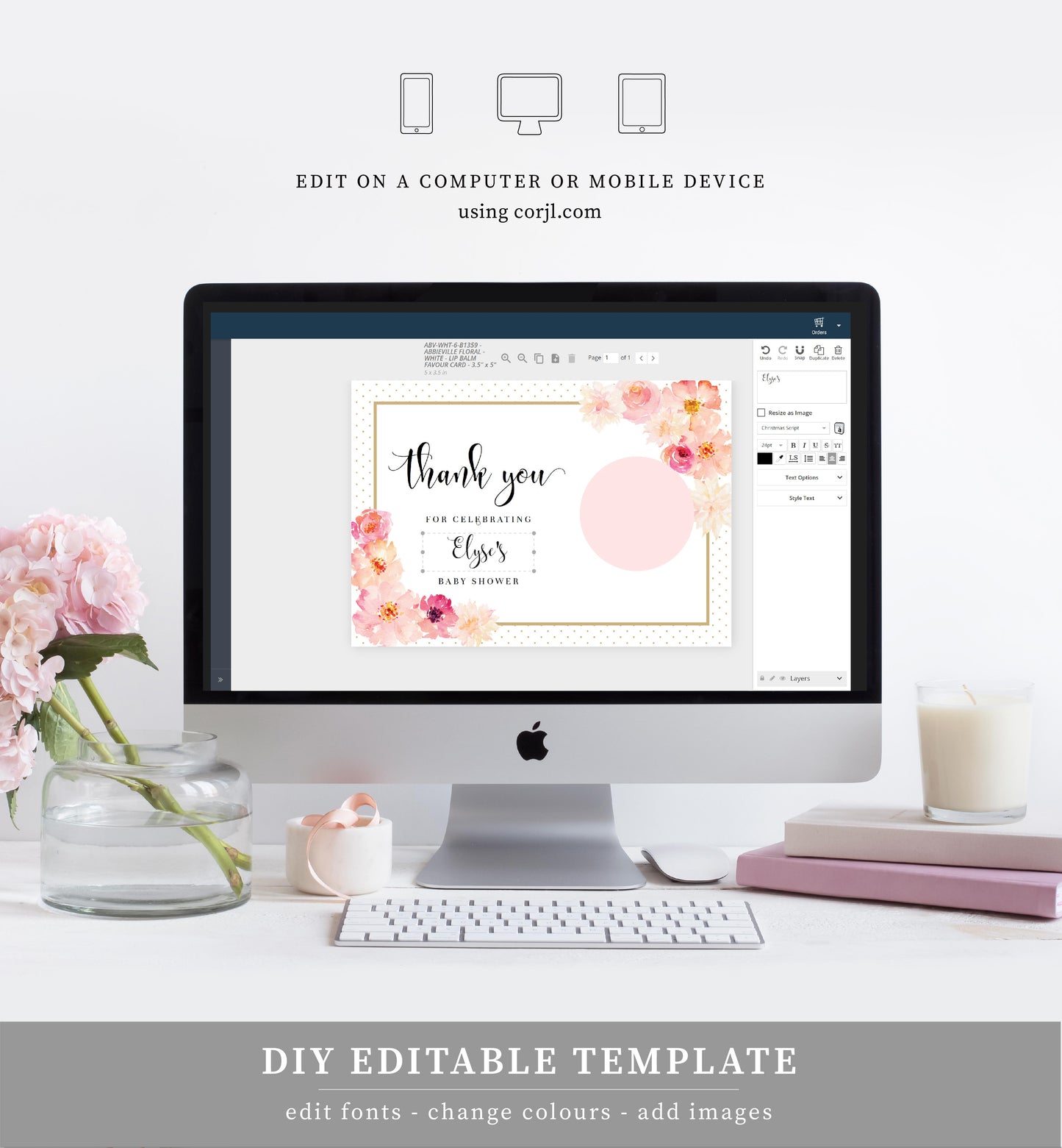 Abbieville Floral White | Printable Lip Balm Favour Card Template - Black Bow Studio