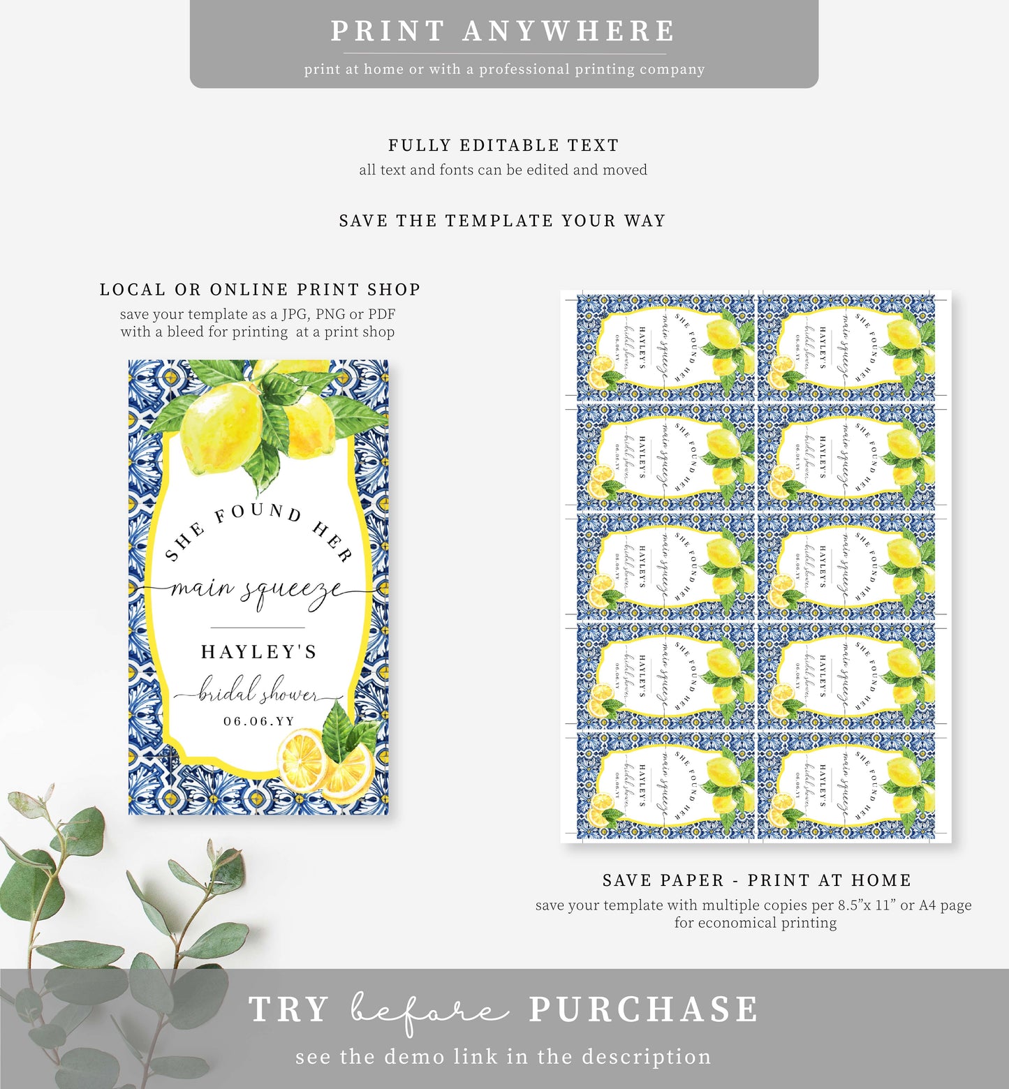 Positano Lemons | Printable Main Squeeze Favour Tags Template