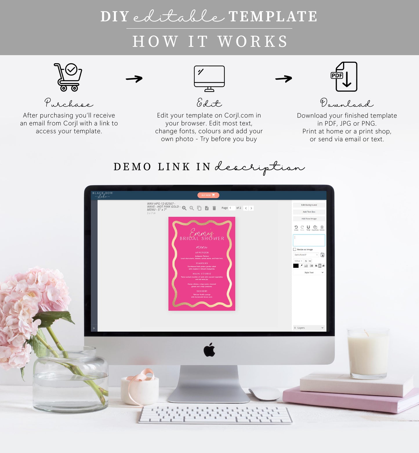 Wave Hot Pink Gold | Printable Menu Template