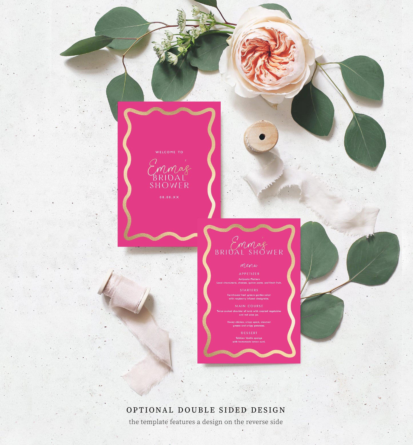 Wave Hot Pink Gold | Printable Menu Template