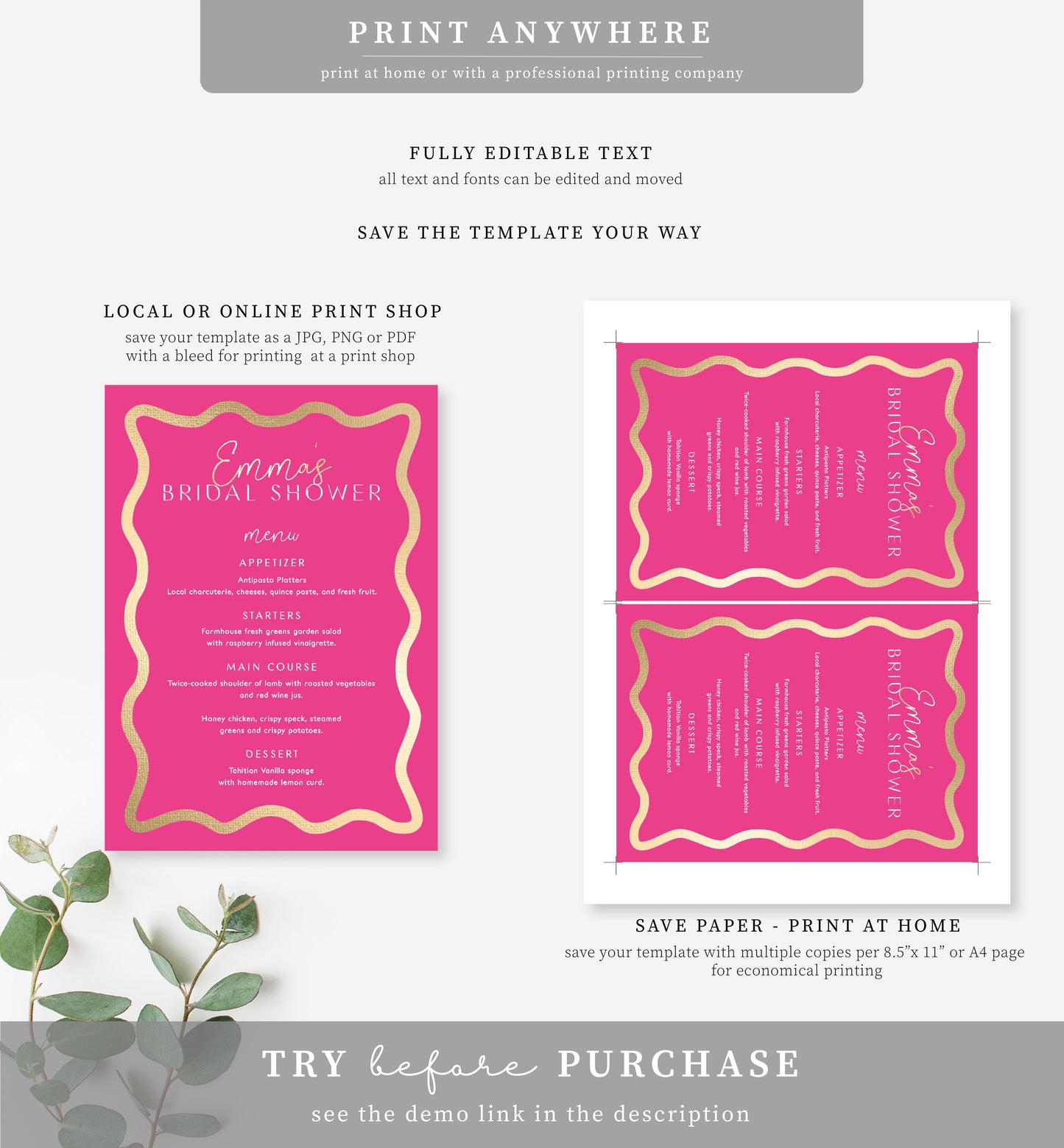 Wave Hot Pink Gold | Printable Menu Template