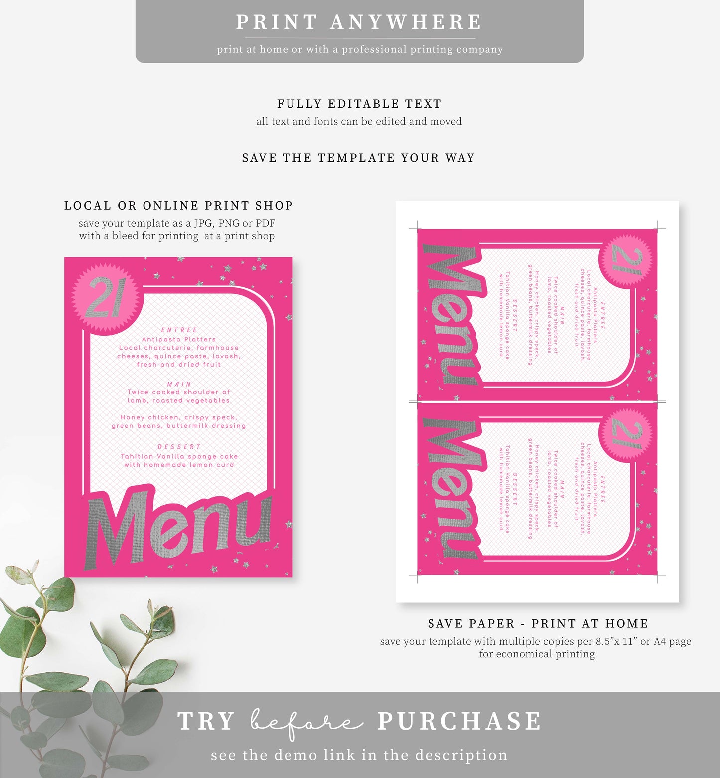 Barbie Party Hot Pink Silver | Printable Menu Template