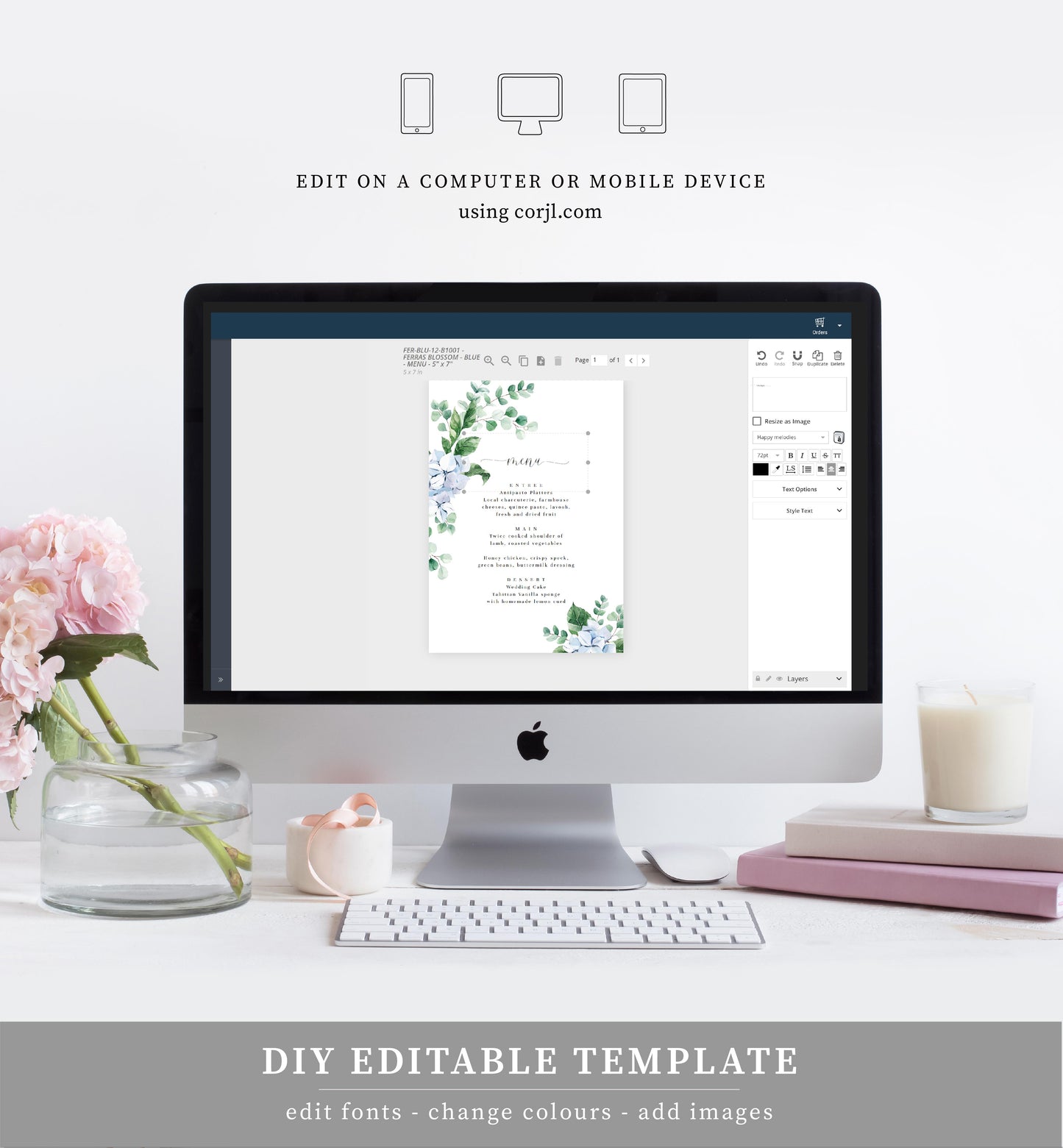 Ferras Blossom Blue | Printable Menu - Black Bow Studio