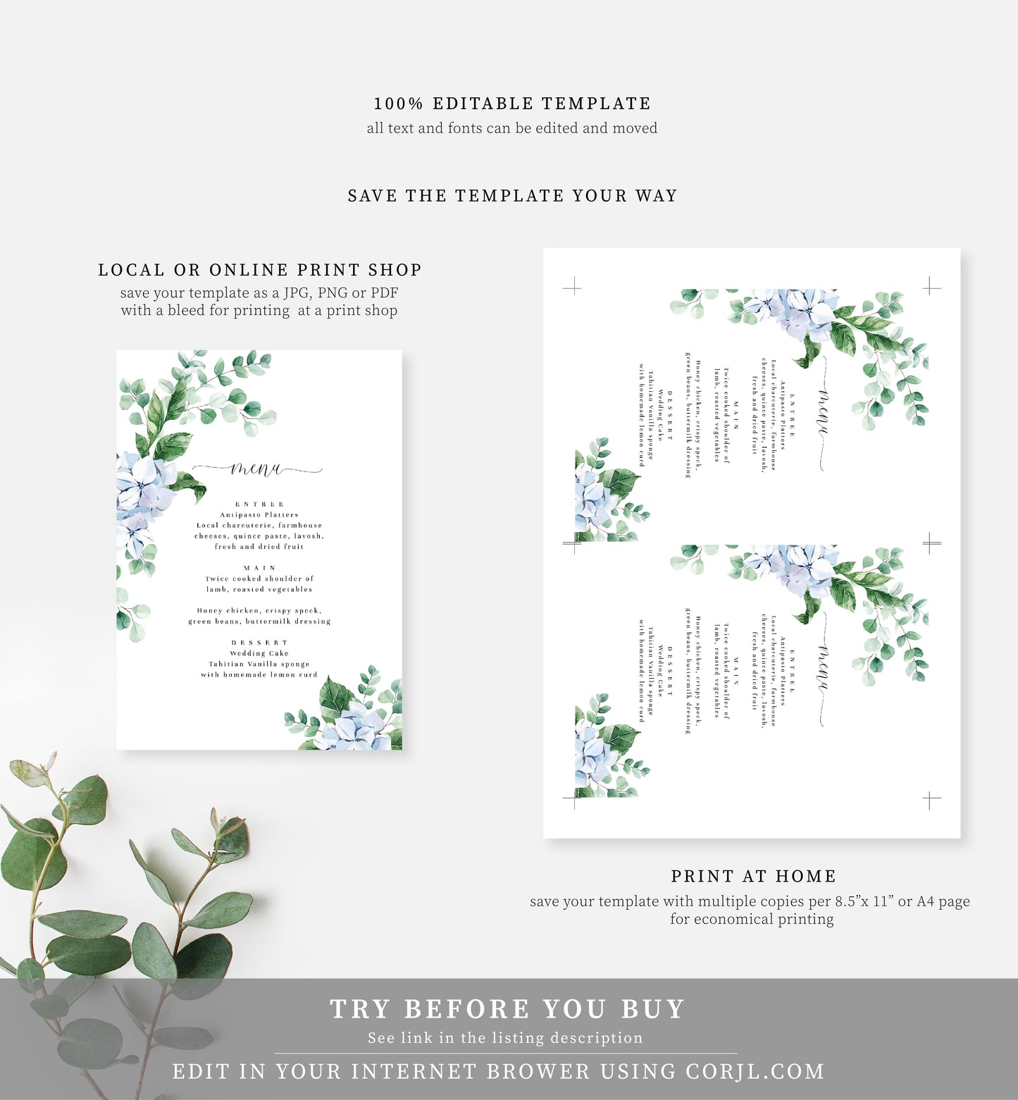 Ferras Blossom Blue | Printable Menu - Black Bow Studio