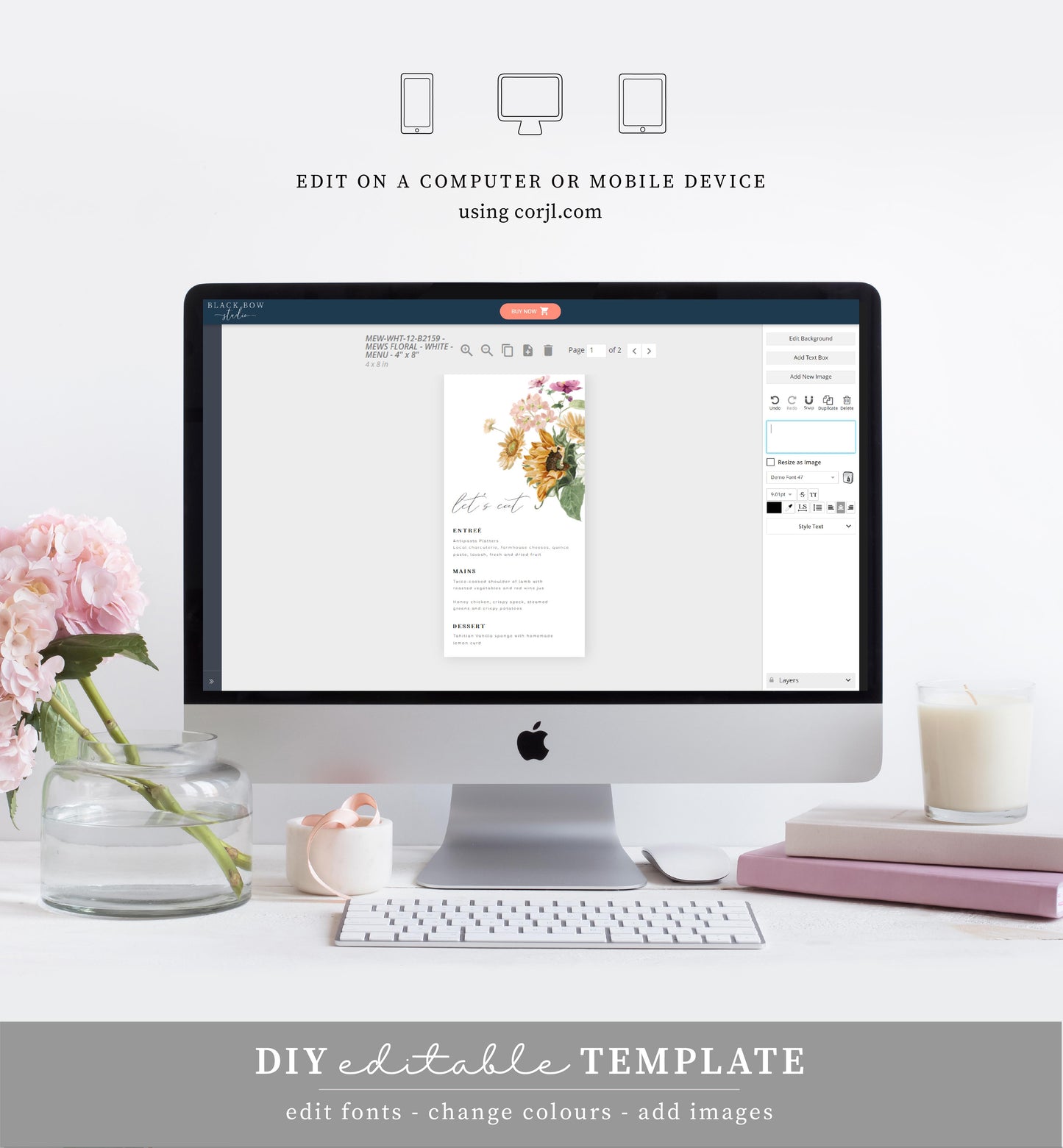 Mews Floral White | Printable Menu Template