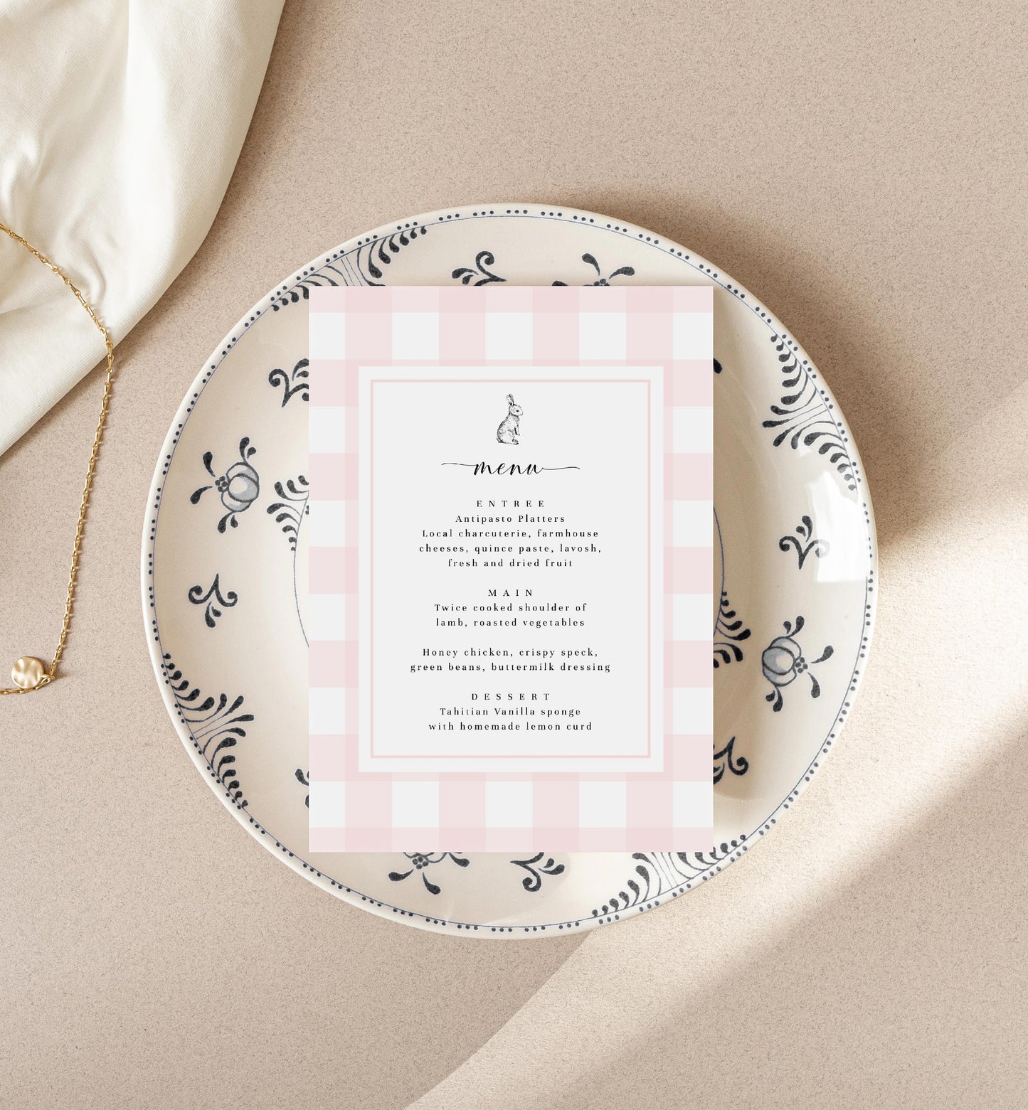 Gingham Pink Bunny | Printable Menu