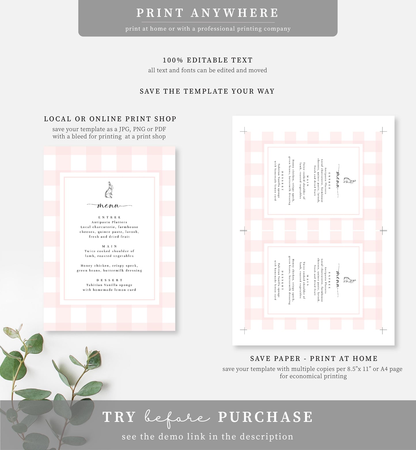 Gingham Pink Bunny | Printable Menu