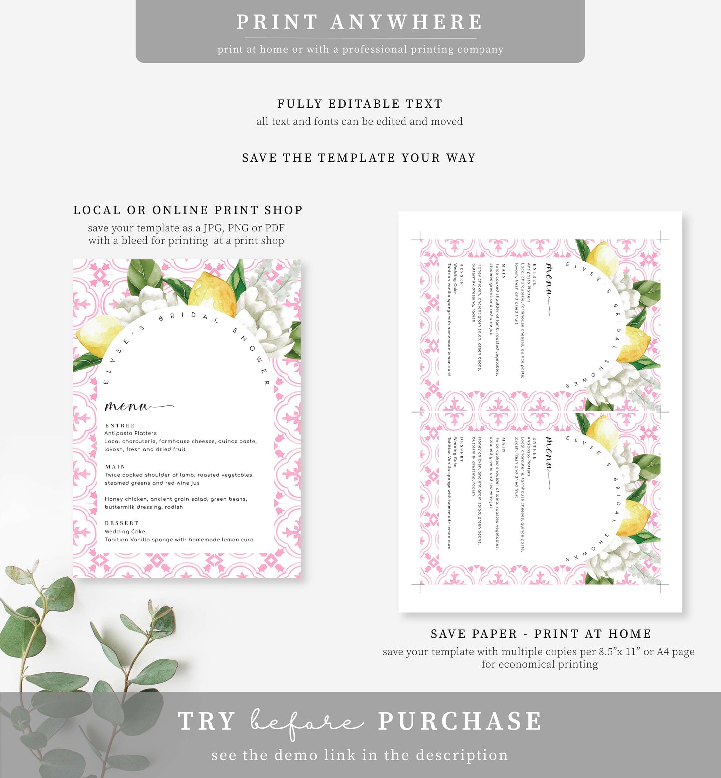 The Med Arch Pink Lemons | Printable Menu Template