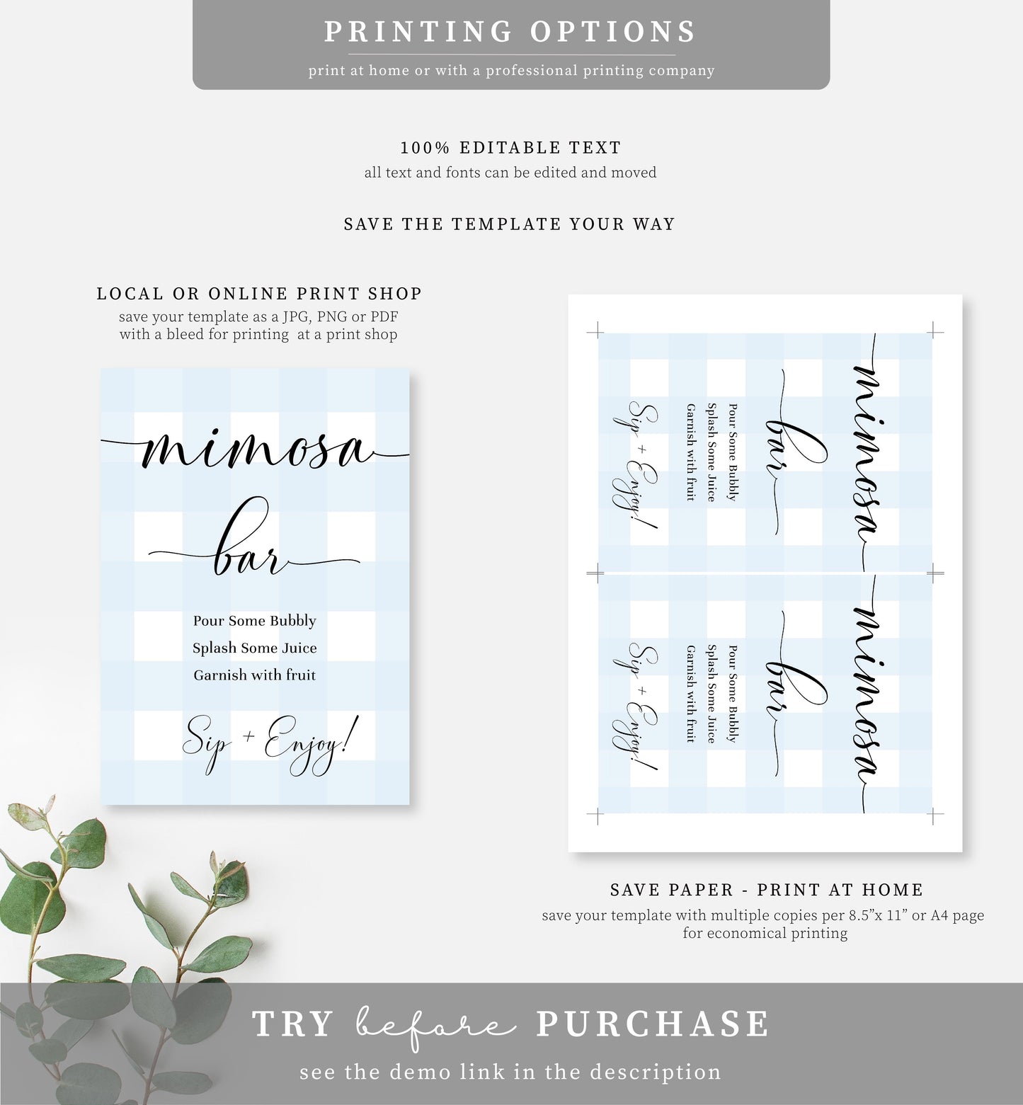 Gingham Blue | Printable Mimosa Bar Sign and Juice Tags Template