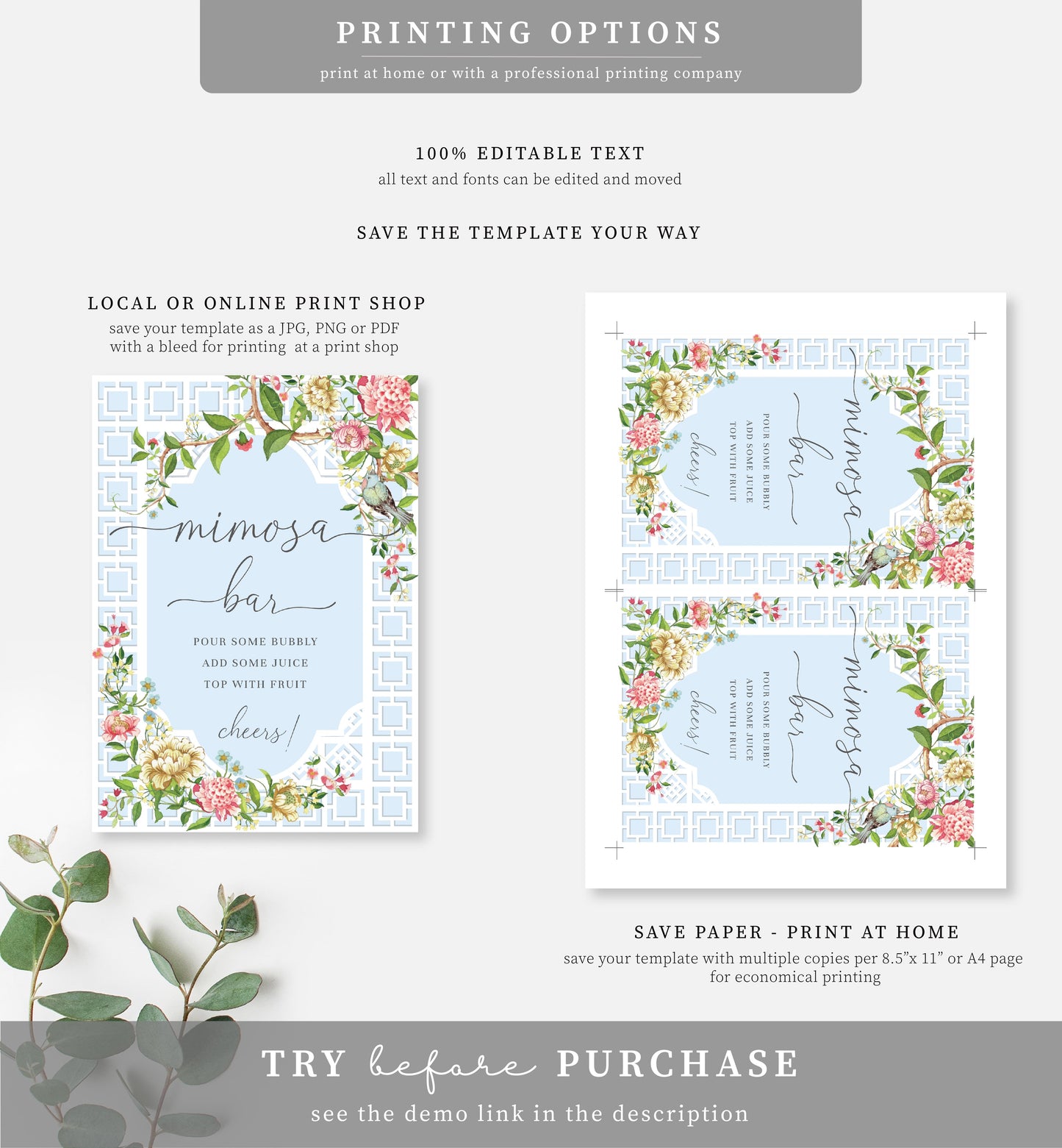 Trianon Blue | Printable Mimosa Bar Sign and Juice Tags
