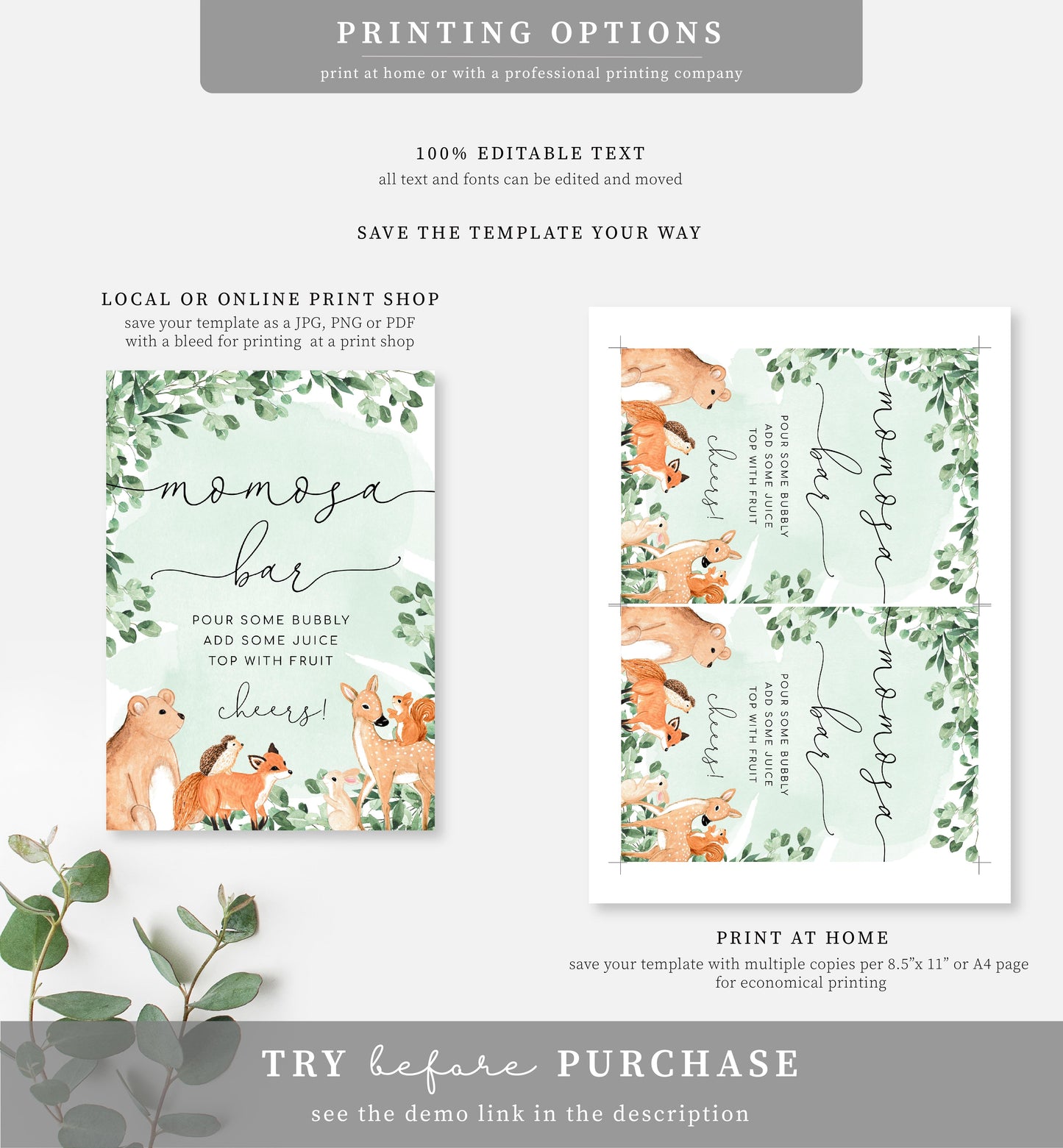 Woodland Animals Green | Printable Mimosa Bar Sign and Juice Tags
