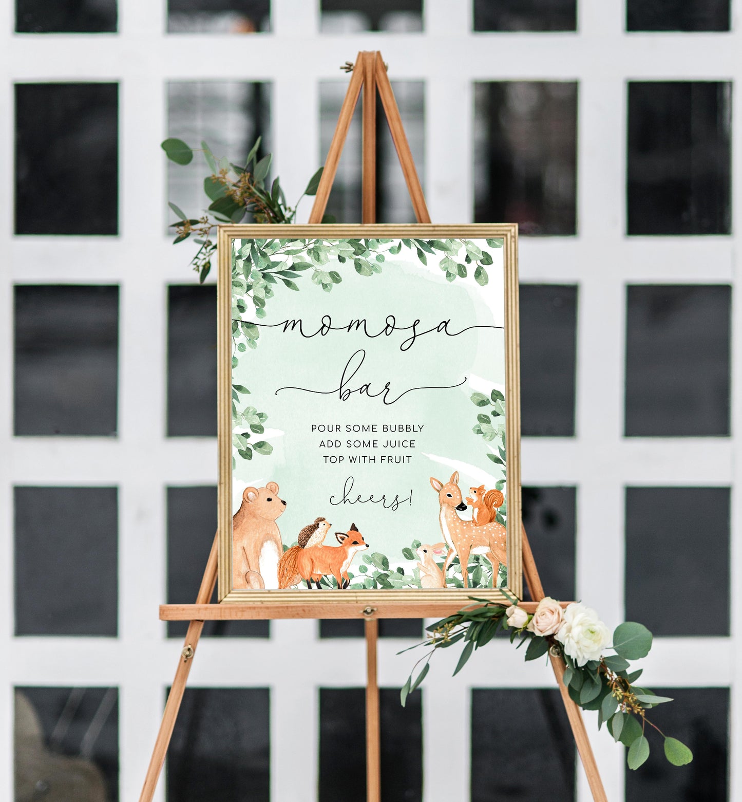 Woodland Animals Green | Printable Mimosa Bar Sign and Juice Tags