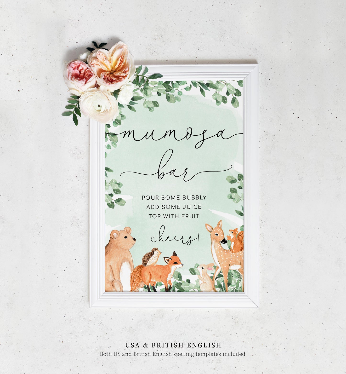 Woodland Animals Green | Printable Mimosa Bar Sign and Juice Tags