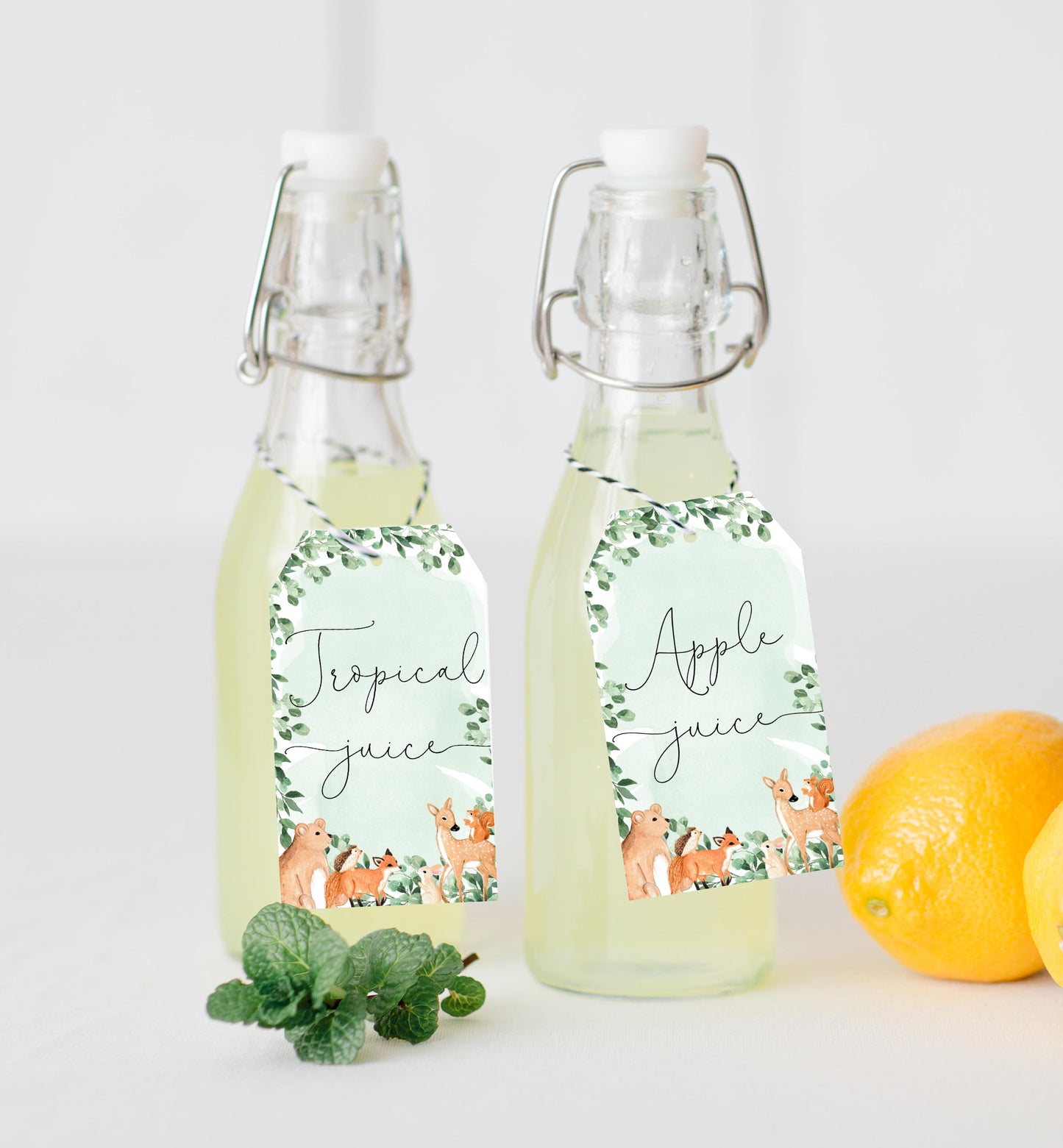 Woodland Animals Green | Printable Mimosa Bar Sign and Juice Tags