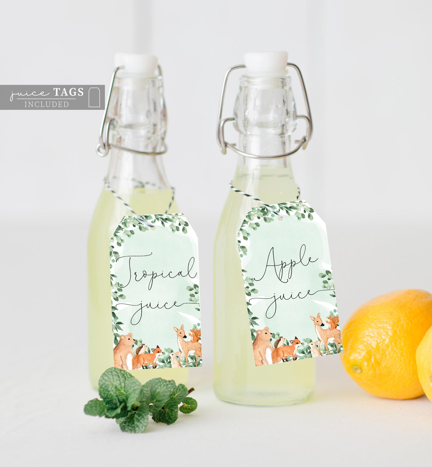Woodland Animals Green | Printable Mimosa Bar Sign and Juice Tags