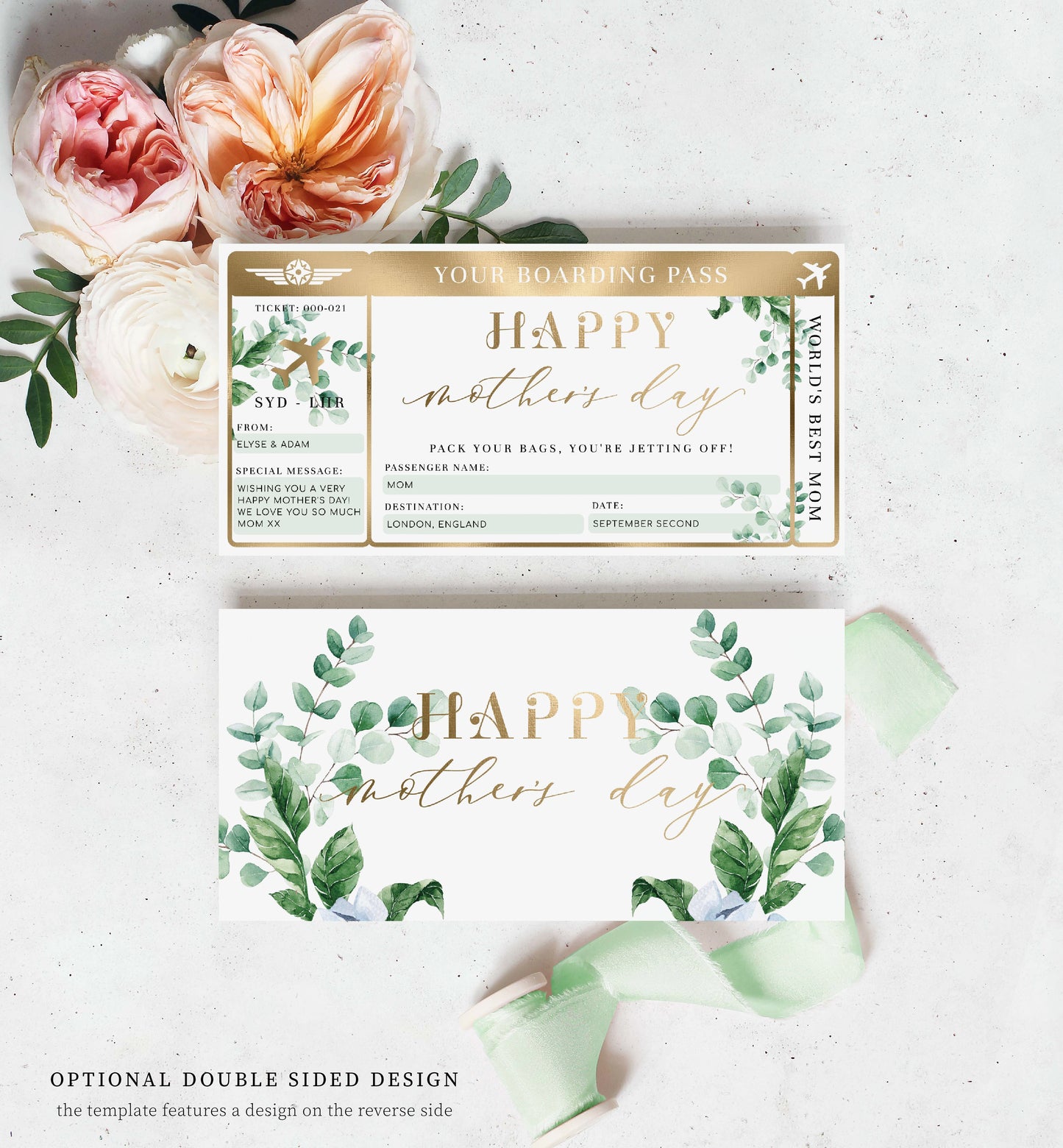 Ferras Green | Printable Mother's Day Custom Boarding Pass Template