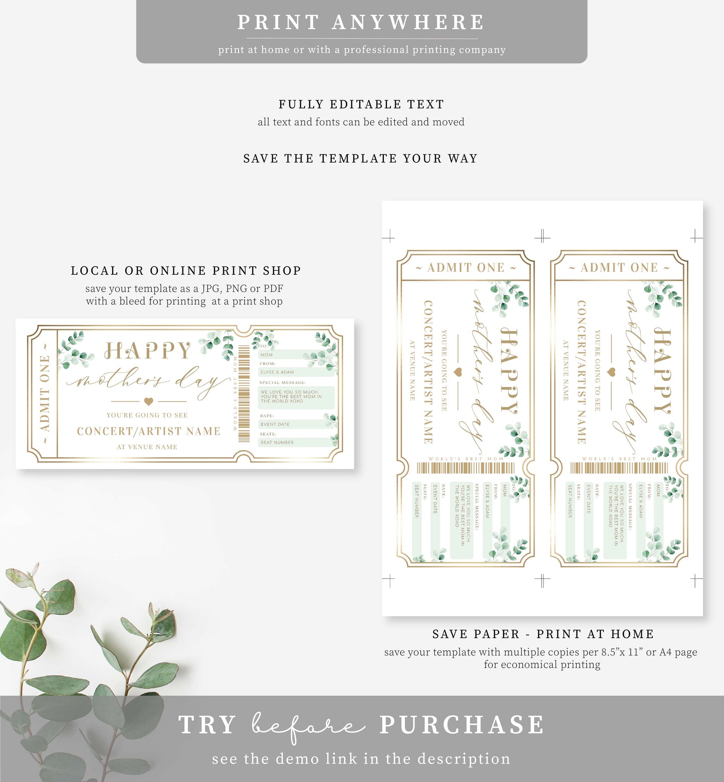 Ferras Green | Printable Mother's Day Concert Custom Gift Voucher Template