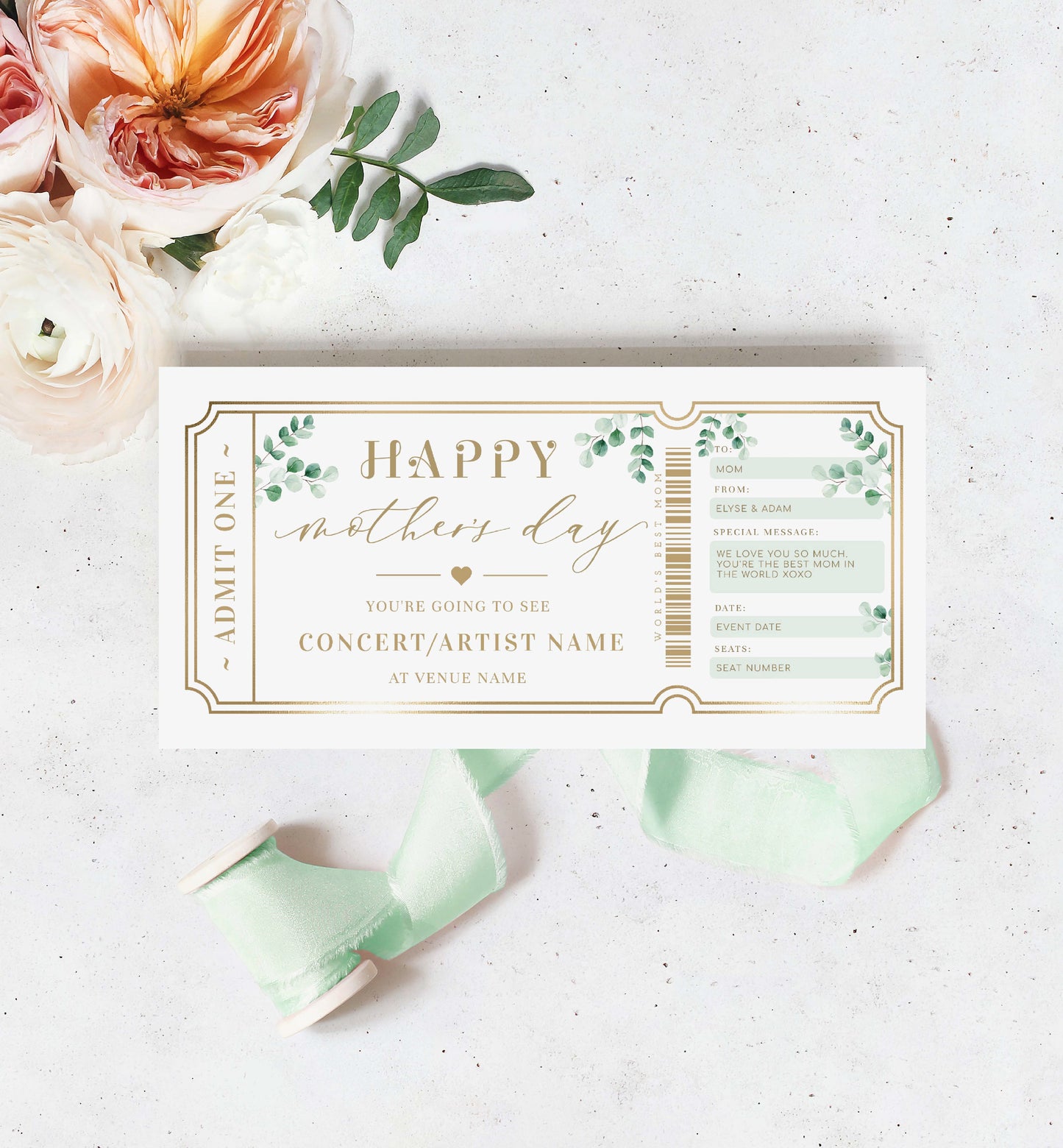 Ferras Green | Printable Mother's Day Concert Custom Gift Voucher Template