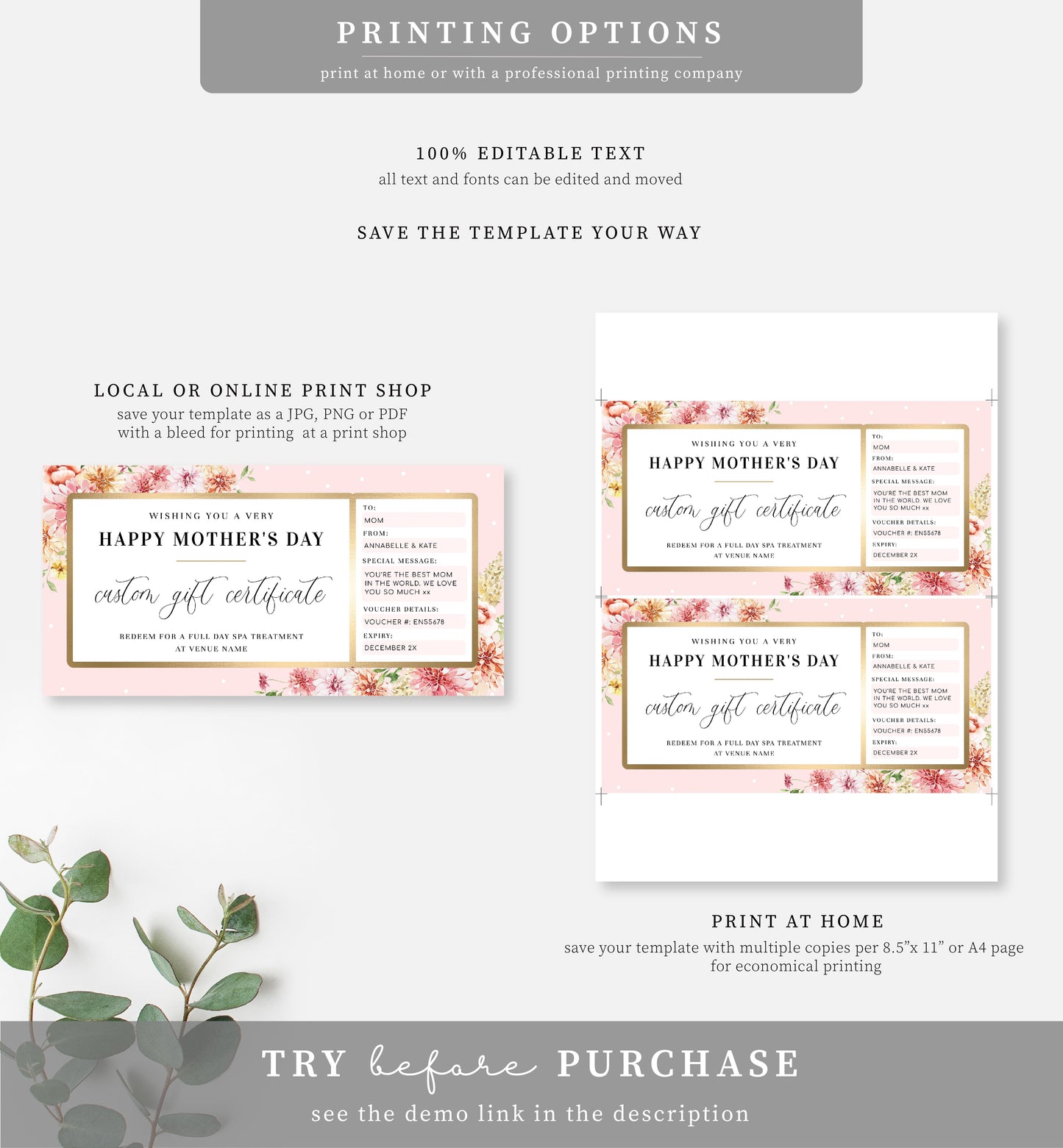Quinn Floral Pink | Printable Mother's Day Custom Gift Voucher